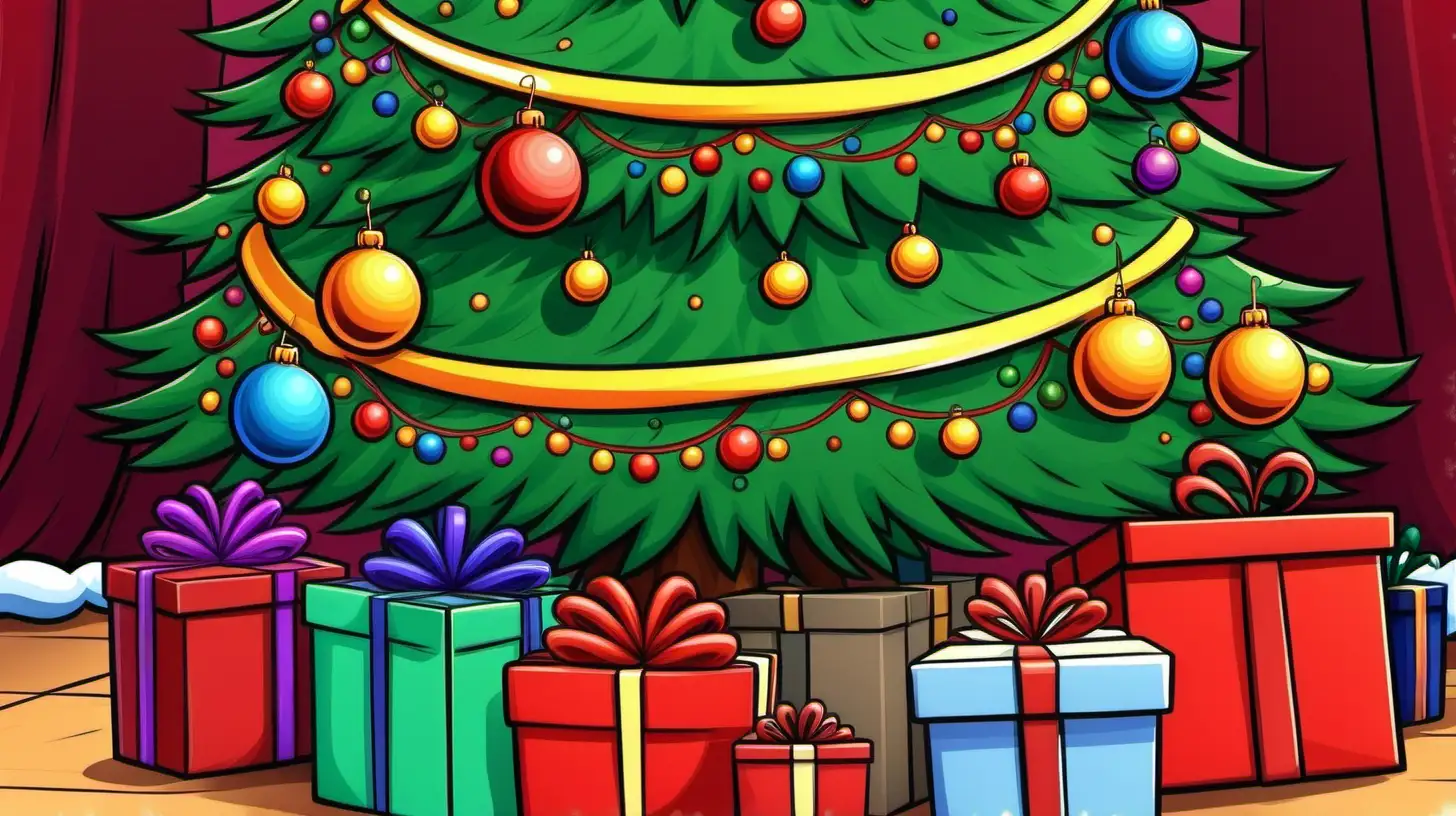 cartoon christmas tree close up with gifts