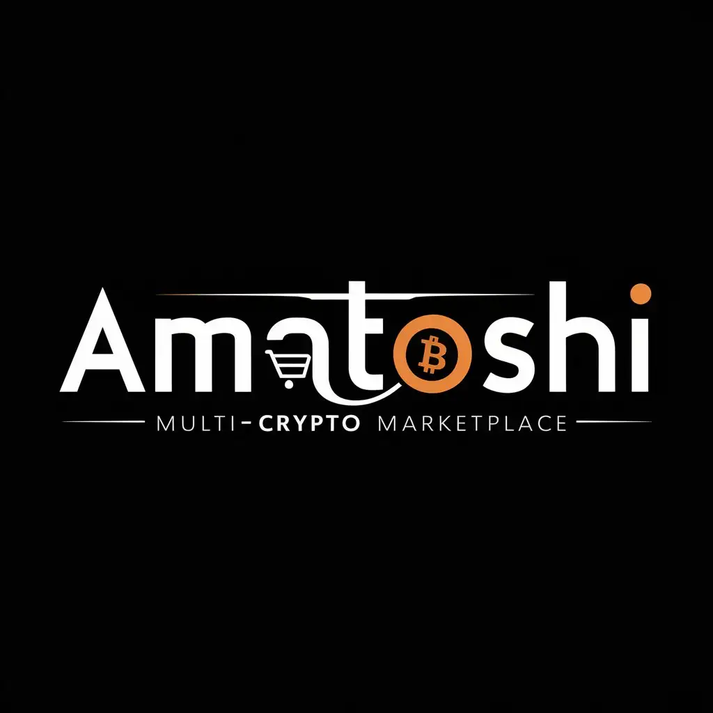 a logo design,with the text 'amatoshi, multi-crypto-marketplace', main symbol:Create a simple and visually appealing logo for 'Amatoshi'. Use a clear black background. Integrate a small Bitcoin symbol as the dot over the 'i' in 'Amatoshi' and add subtle shopping cart elements between the letters. Use a clean, modern font to ensure the text is easy to read. The overall design should be balanced and professional.,Minimalistic,be used in ecommerce industry,clear background