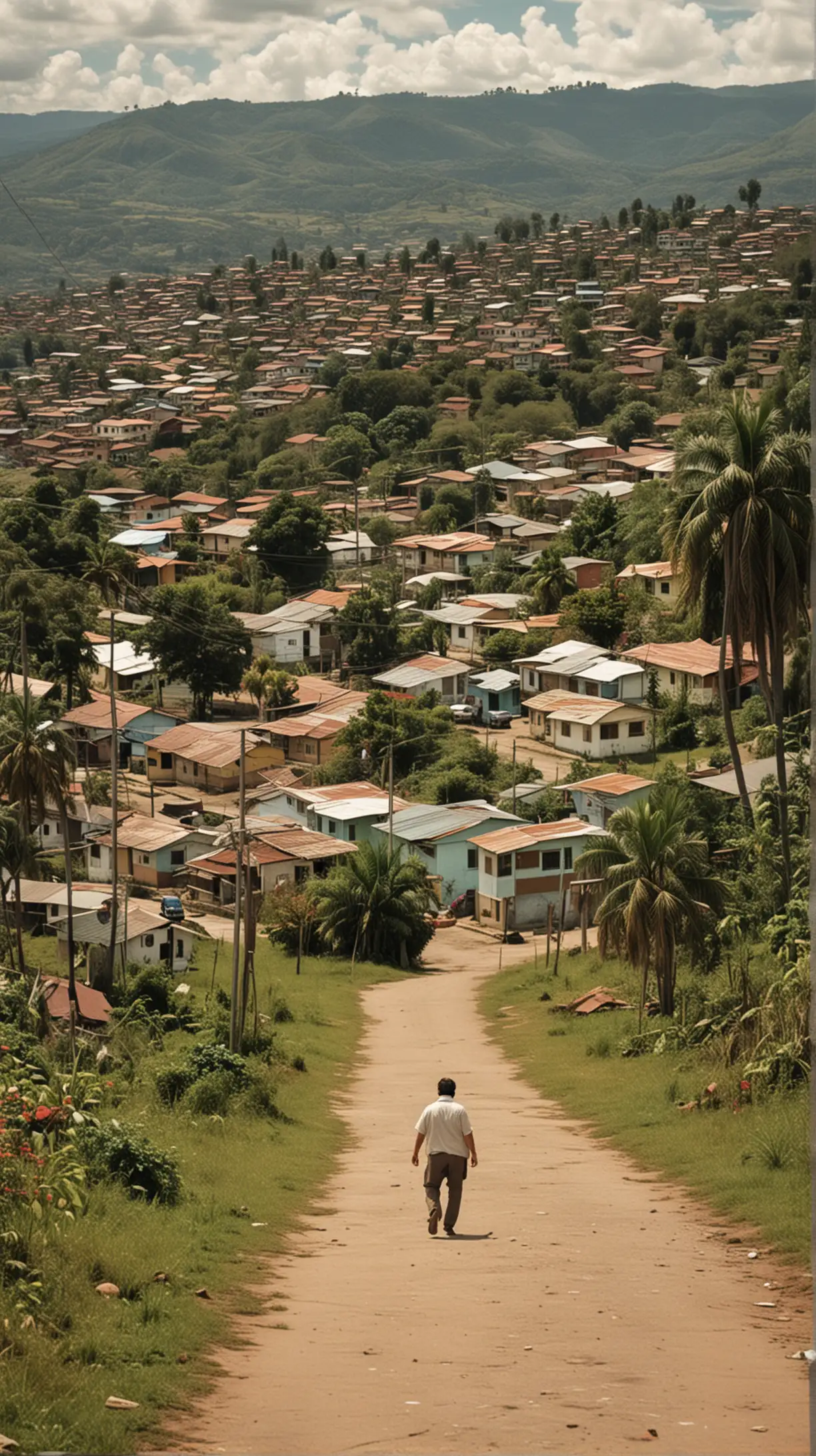 Childhood Beginnings: Visualize a humble neighborhood in Rionegro, Colombia, where Pablo Escobar was born on December 1, 1949. Show the modest homes and the surrounding landscapes that shaped his early years.