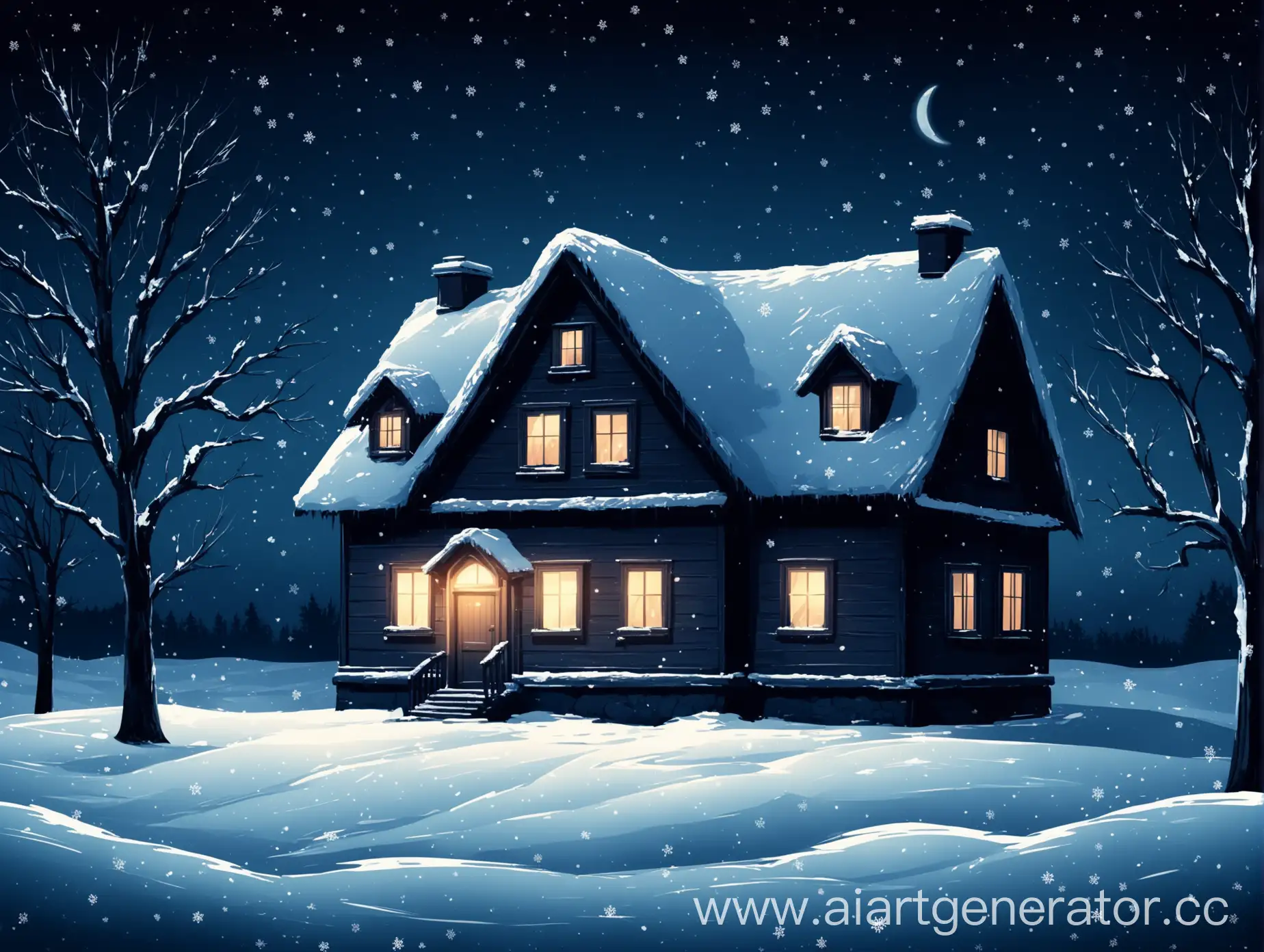 Cozy-Winter-Night-Illuminated-House-in-Snowy-Landscape