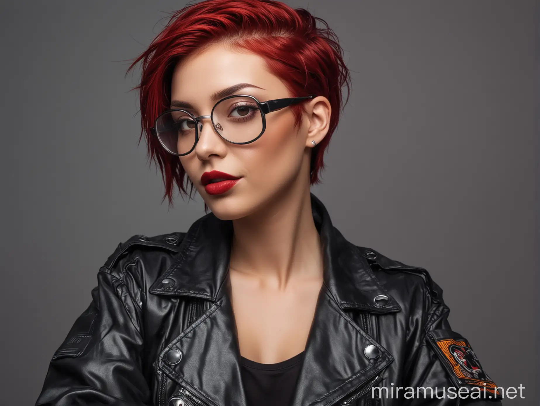 a woman, she has red hair resting on the right and, she wears a cyberpunk jacket opened, shaved side on the left, she has eyeglasses. Near to hed there is a woman with short black hair, dark eyes, and dark lipstick. They are happy, in selfie style