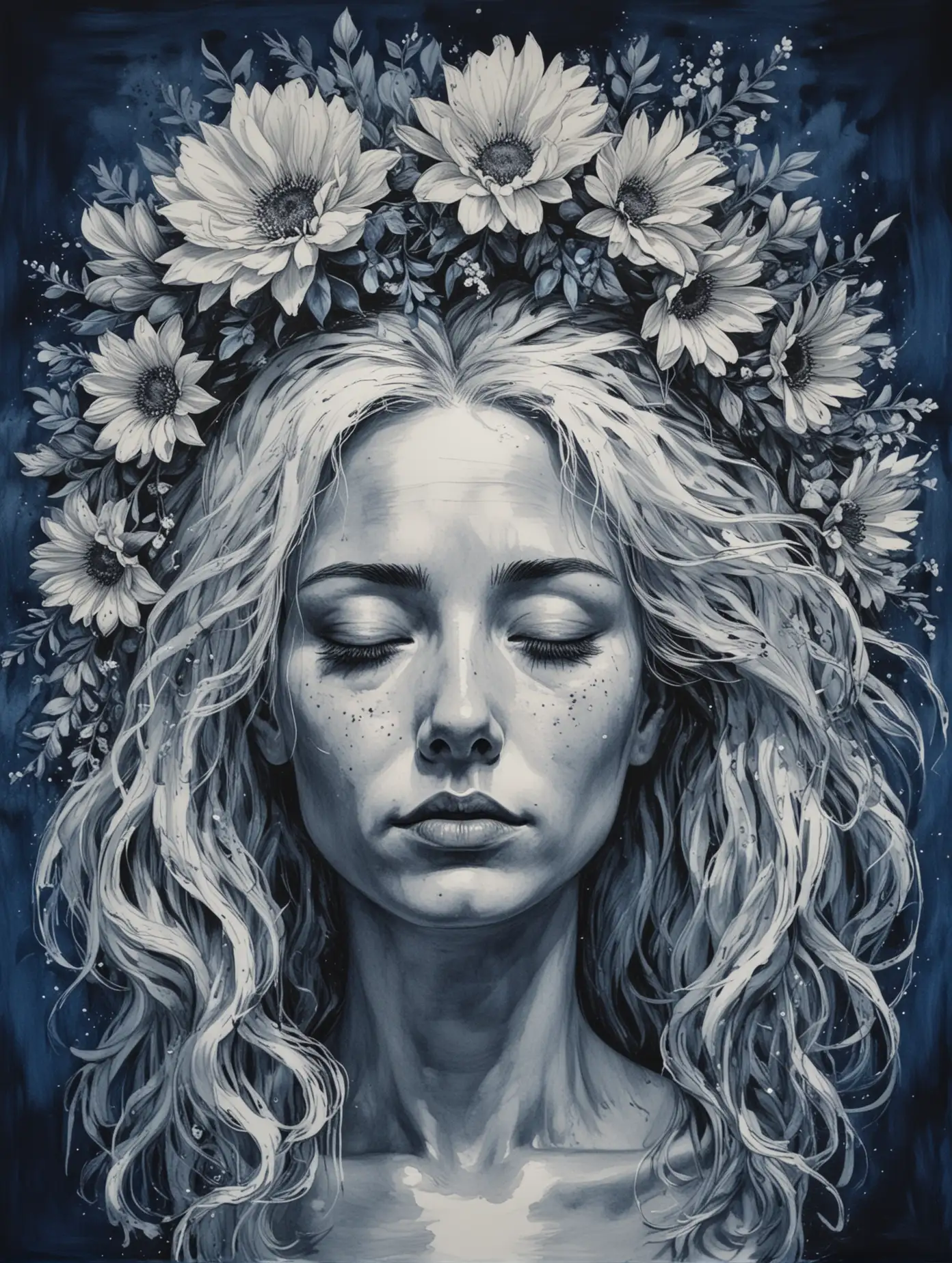 impressionistic ink drawing of a woman's face in a state of deep depression on a blue back ground, with a wreath of flowers on her head with white hair.  