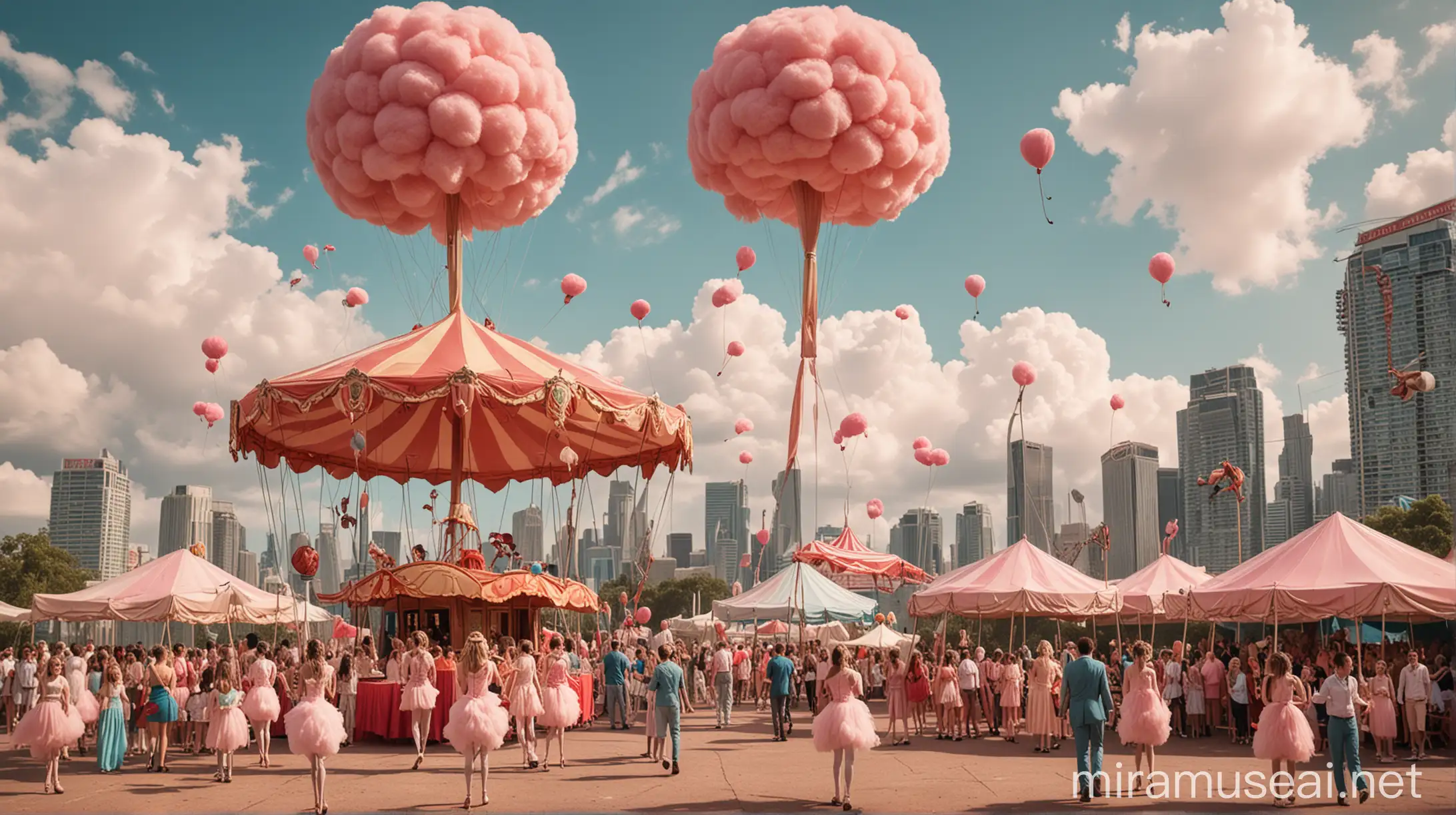 circus tent, flamingos, stilt walkers, children eating cotton candy, airship in the sky, skyscrapers in the background


