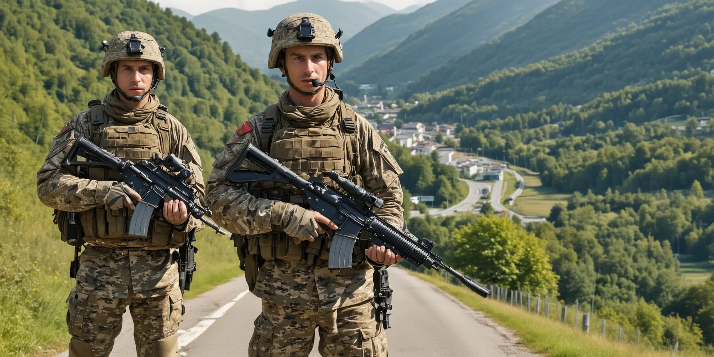 Two modern Liechtenstein soldiers with helmet wearing digital camouflage, carrying G36 rifles, standing at checkpoint, mountain road background