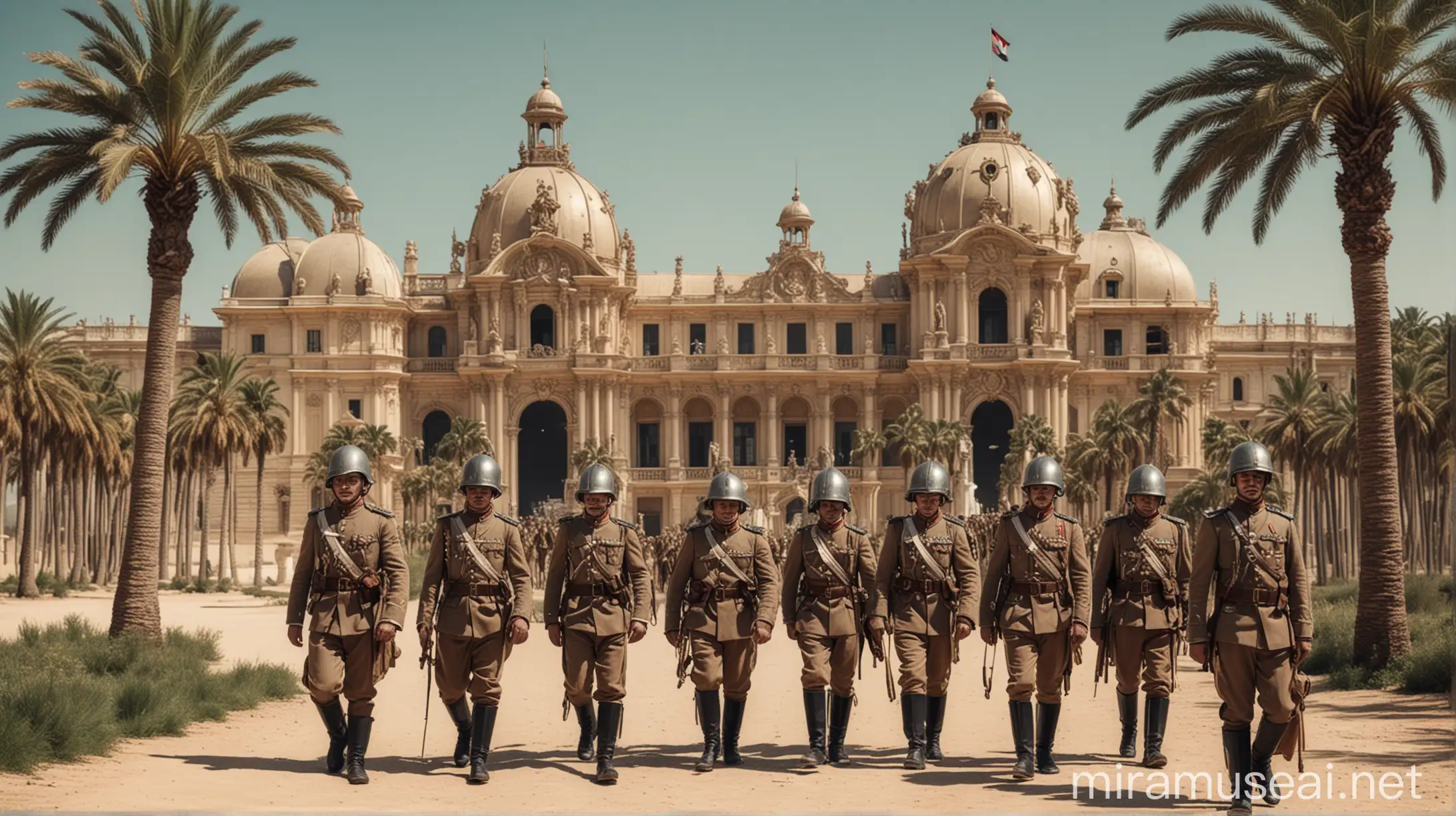 Nazi Steampunk german colonial soldiers wearing helmets on their heads, marching on a french baroque palace in a desert with palm trees