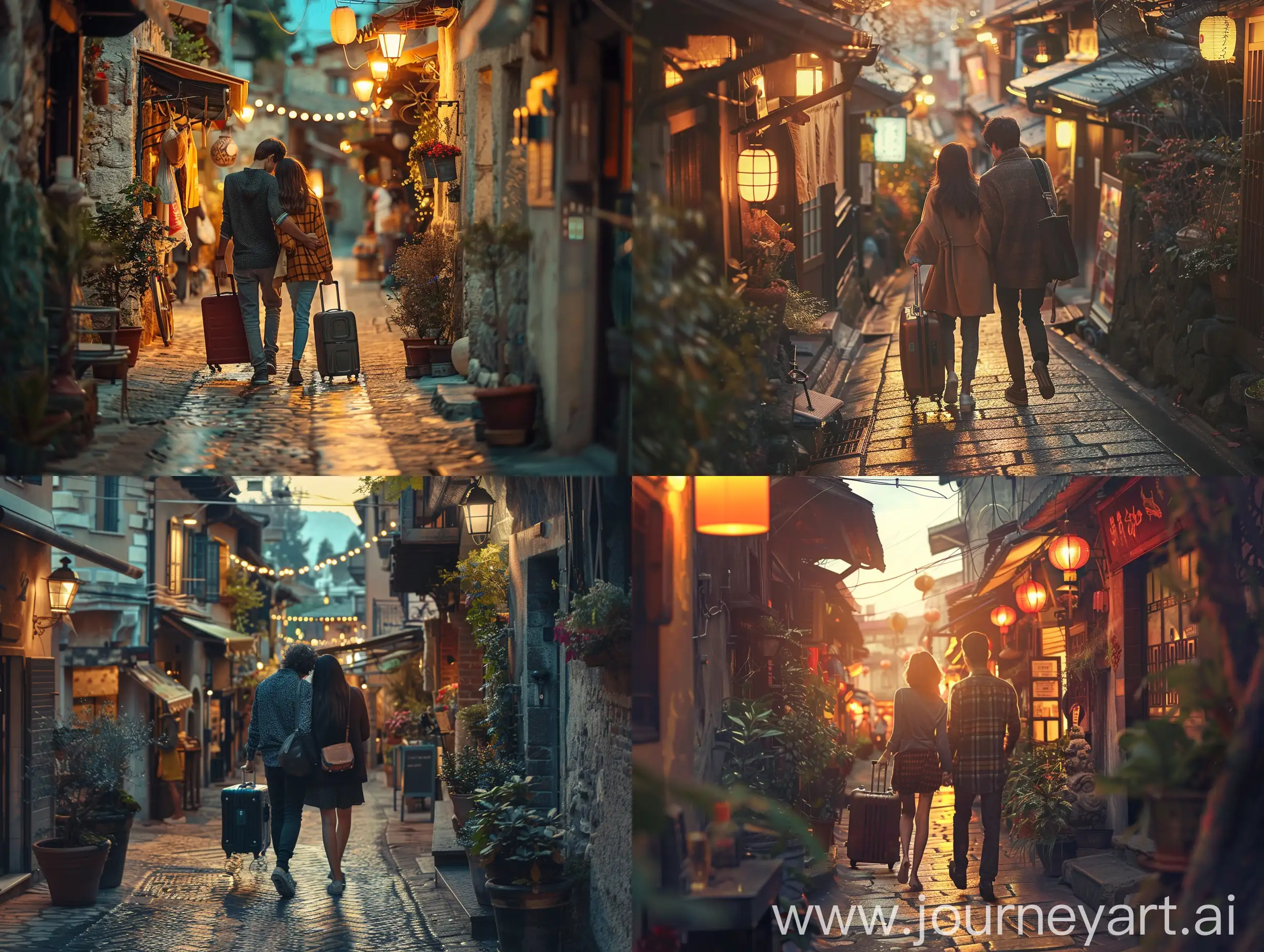 Create an image of a young couple walking down a narrow, warmly lit street at dusk. The woman carries a suitcase, and the street is lined with small shops and houses. The view is from behind, focusing on their synchronized steps and the closeness they share as they walk away from the camera.