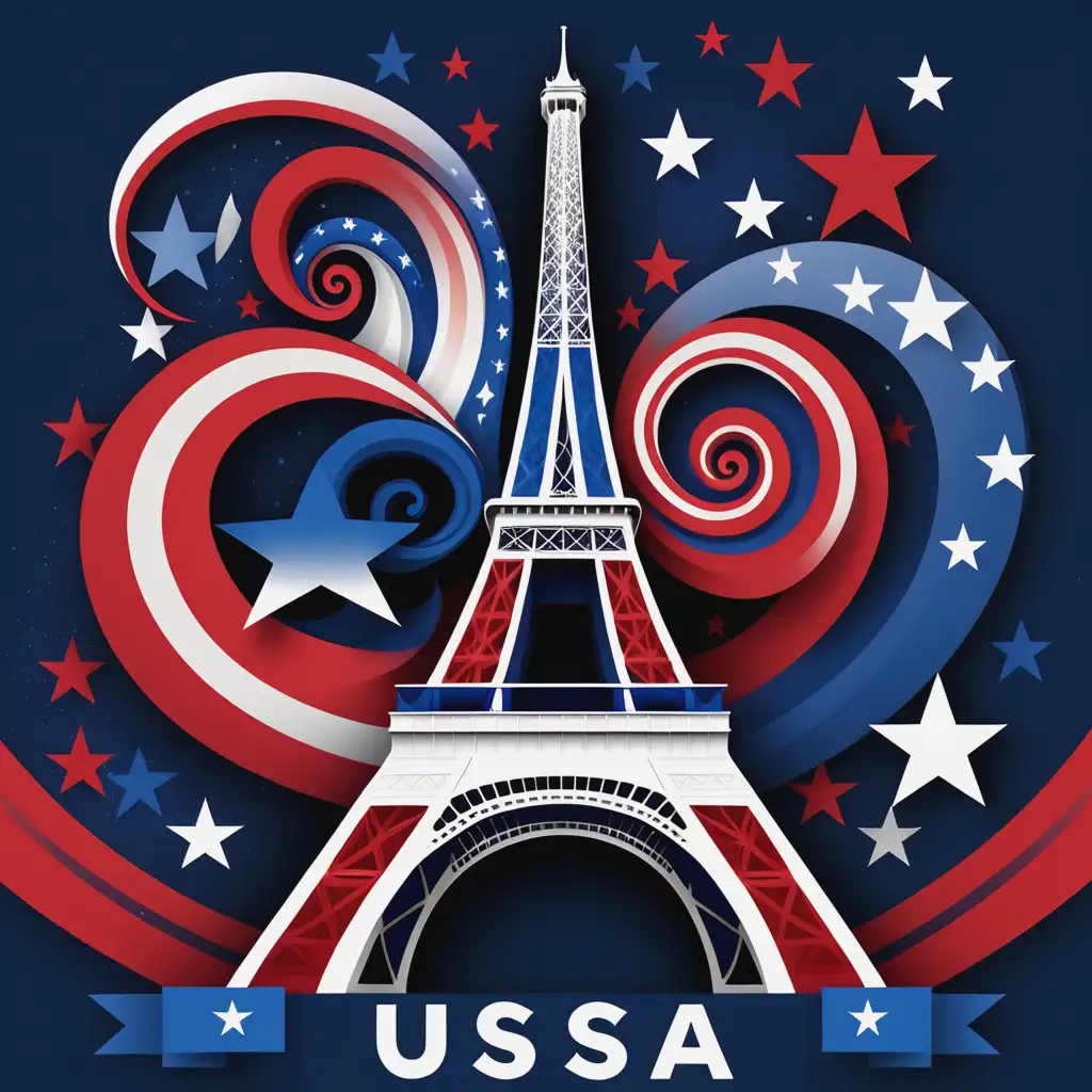 Abstract USA Flag Design with Eiffel Tower Silhouette