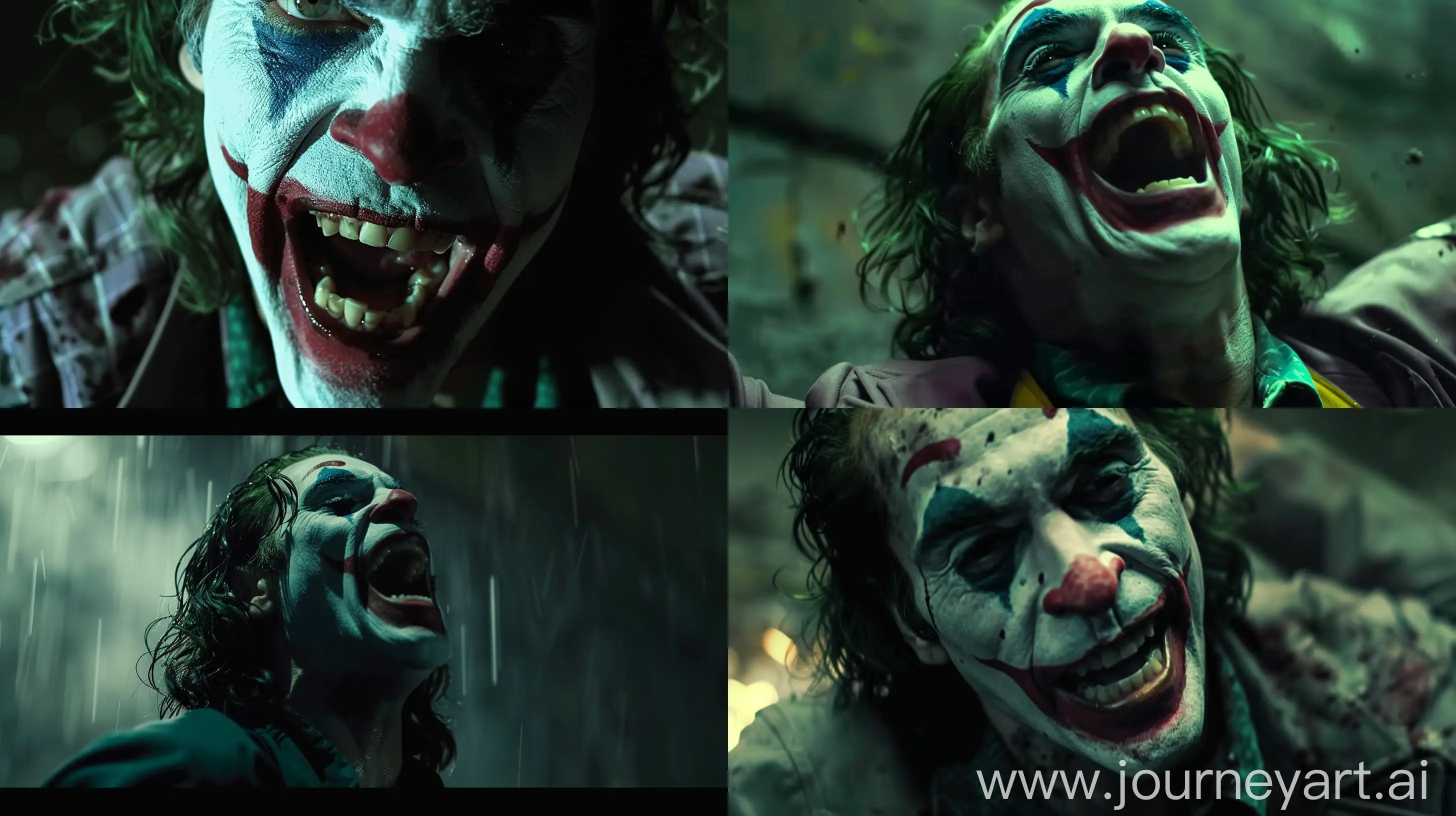 Joker's intense cry, cinematic, --ar 16:9