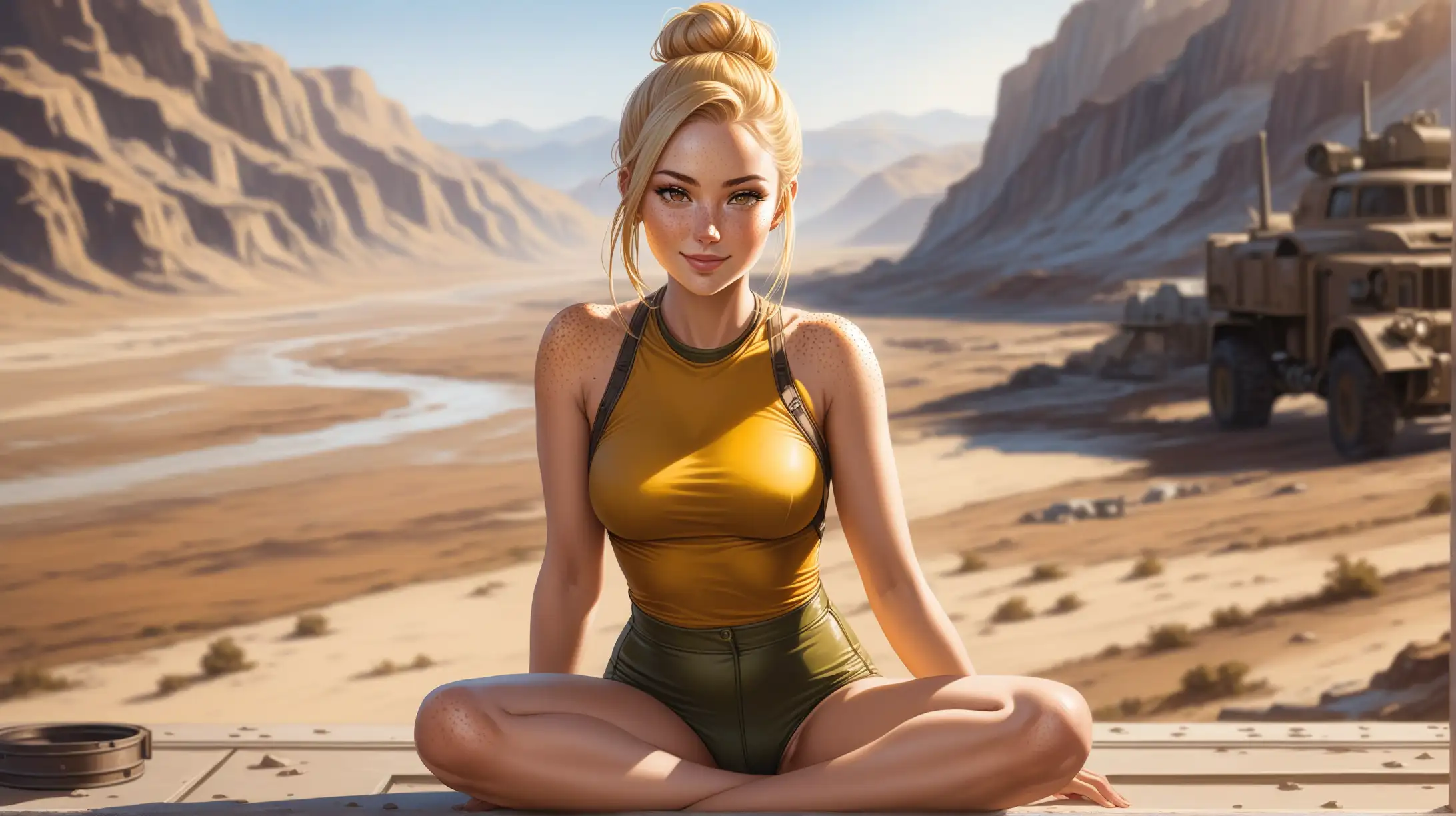 Seductive Blonde Woman Outdoors with FalloutInspired Outfit