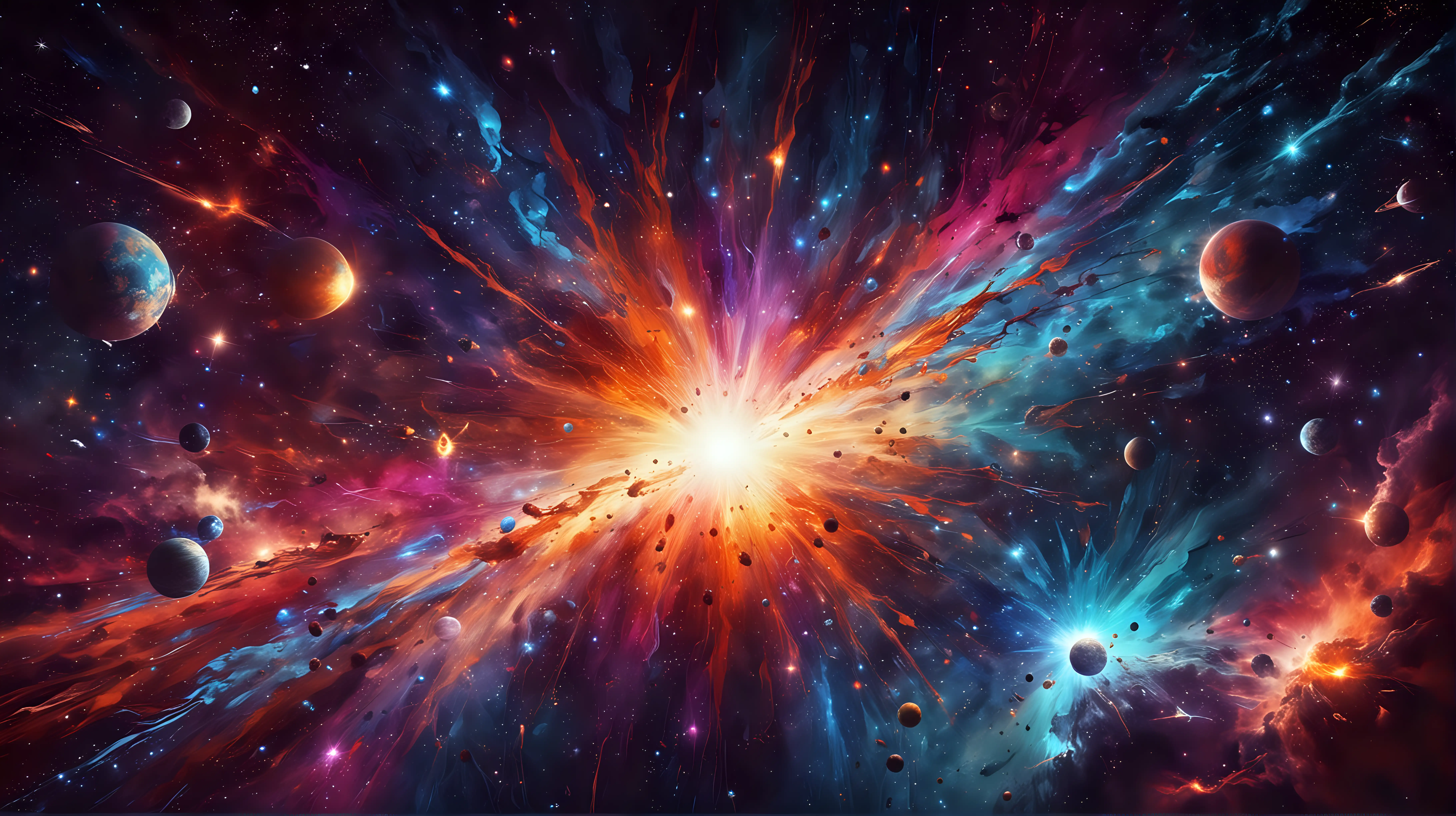 Vibrant Abstract Cosmic Explosion with Stars and Planets