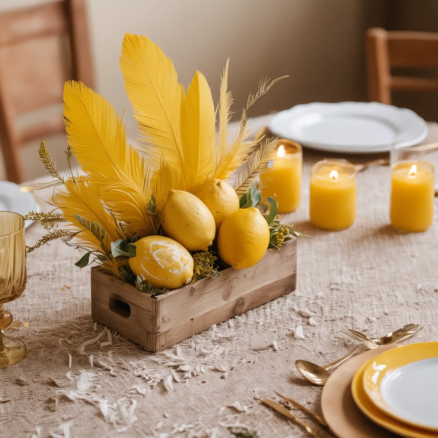 Boho-Wedding-Centerpiece-with-Lemons-and-Yellow-Feathers