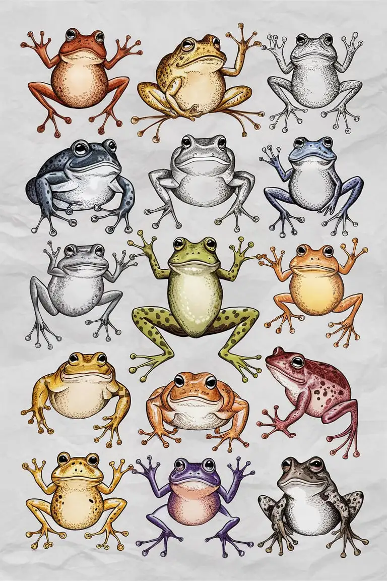 handrawn collage sketch on white background of 15 frogs jumping on old sketch style vintage one frog per specie type