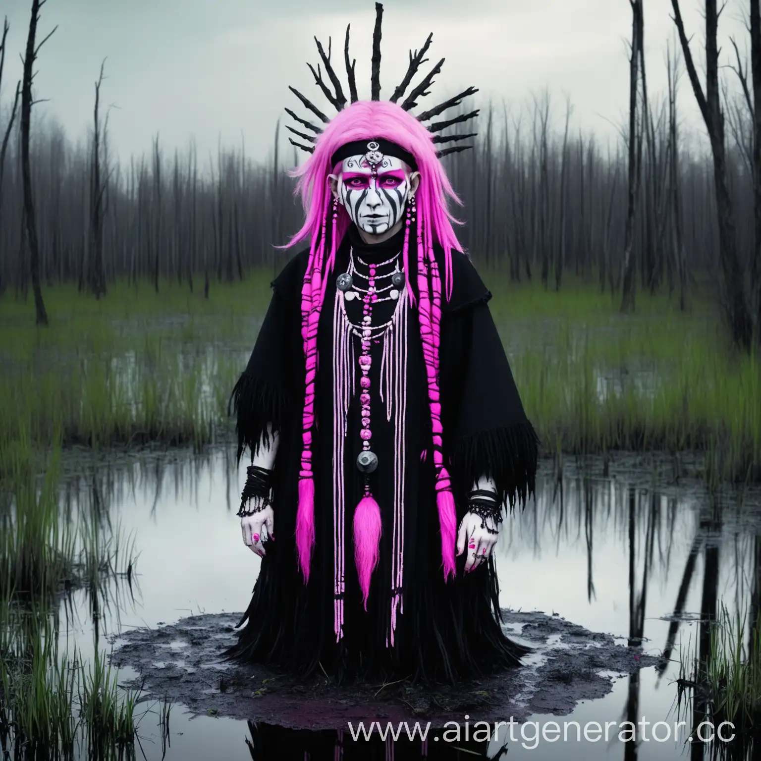 Чувашская шаманка, с розовыми волосами, в готическом стиле, на болоте.