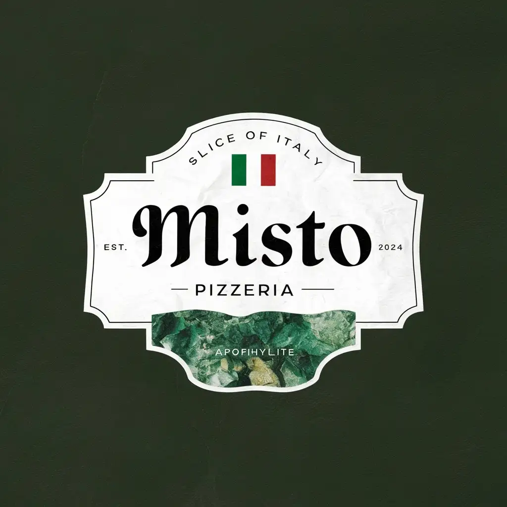 Misto Pizzeria, Emblem, Badge, Minimal, apophyllite green Textured, Classy, Ornament, White background, EST 2024 , Italy flag, Slogan Slice of Italy, Old School,