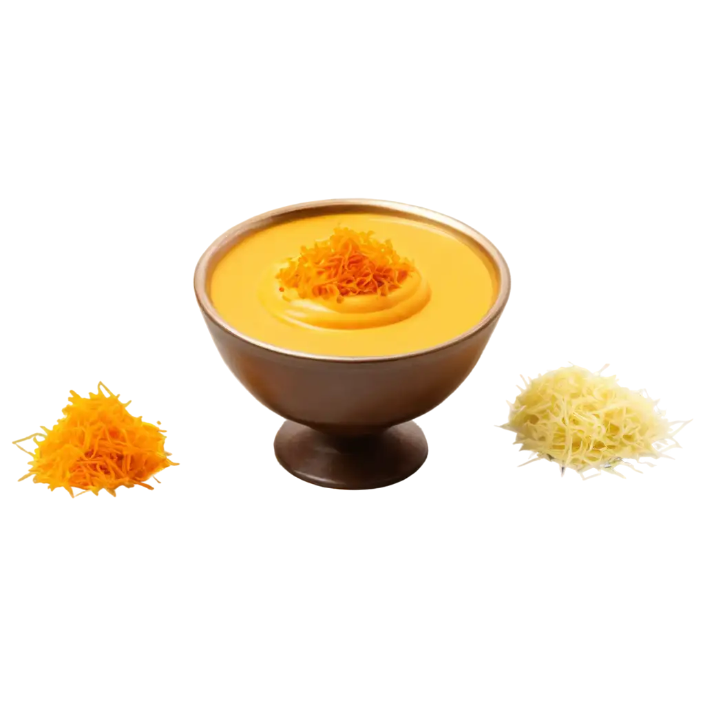 A brown clay glass of creamy mango shrikhand garnished with saffron threads on a canvas background