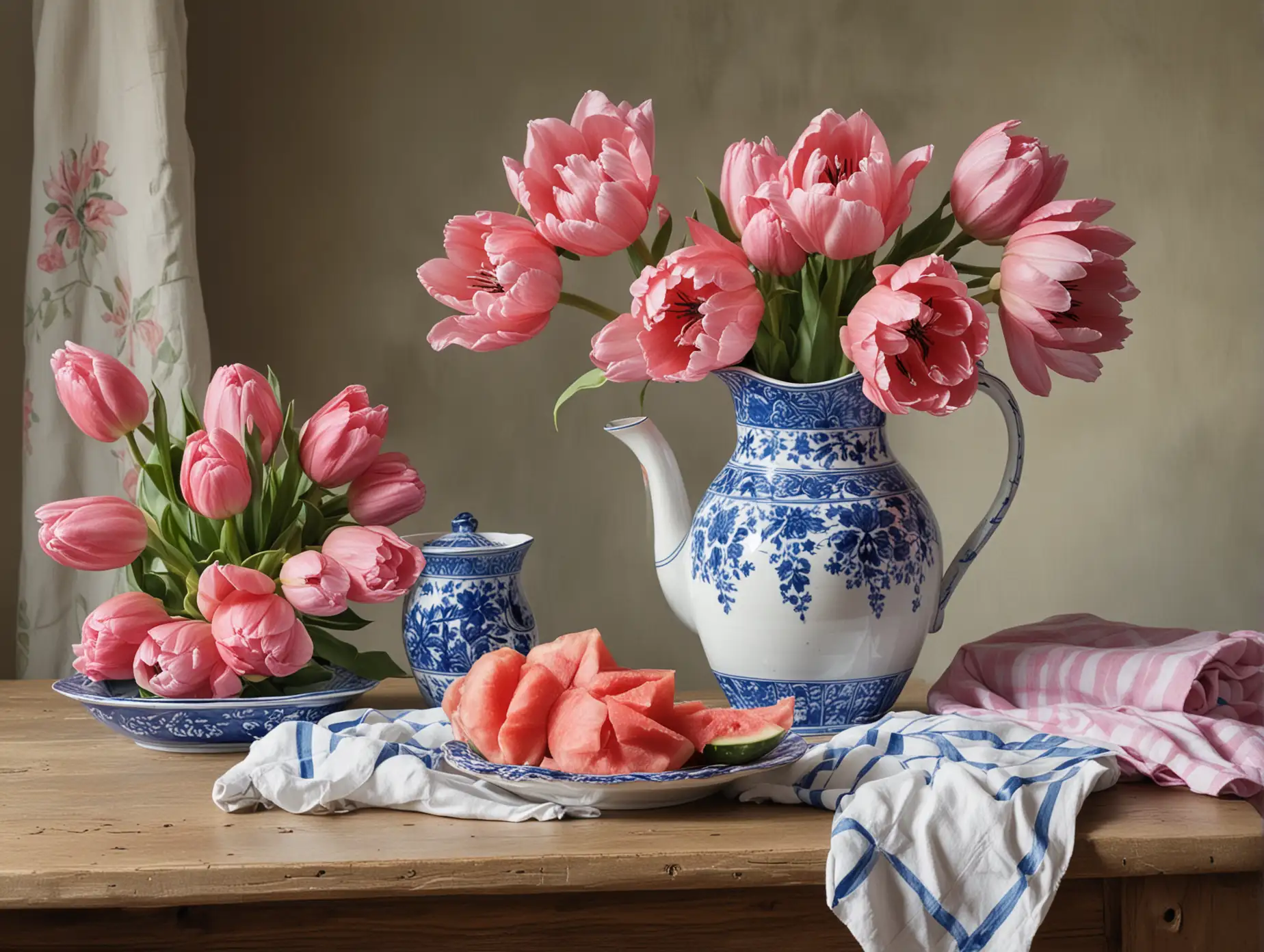 A STILL LIFE PAINTING, WITH AONE BLUE AND WHITE CHINA PITCHER ON A TABLE, WITH A CLOTH AND A SLICE OF  WATERMELLON ON A PLATE, WITH PINK TULIPS IN THE VASE