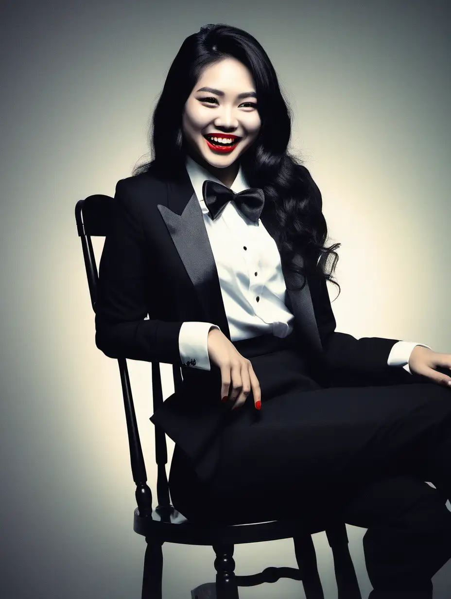 A pretty 25 year old Vietnamese woman with black long hair and red lipstick is sitting on a chair in a dark room.  She is smiling and laughing.  She is wearing a tuxedo.  Her jacket is open.  Her shirt is white with a black bow tie.  Her cufflinks are large and black.  