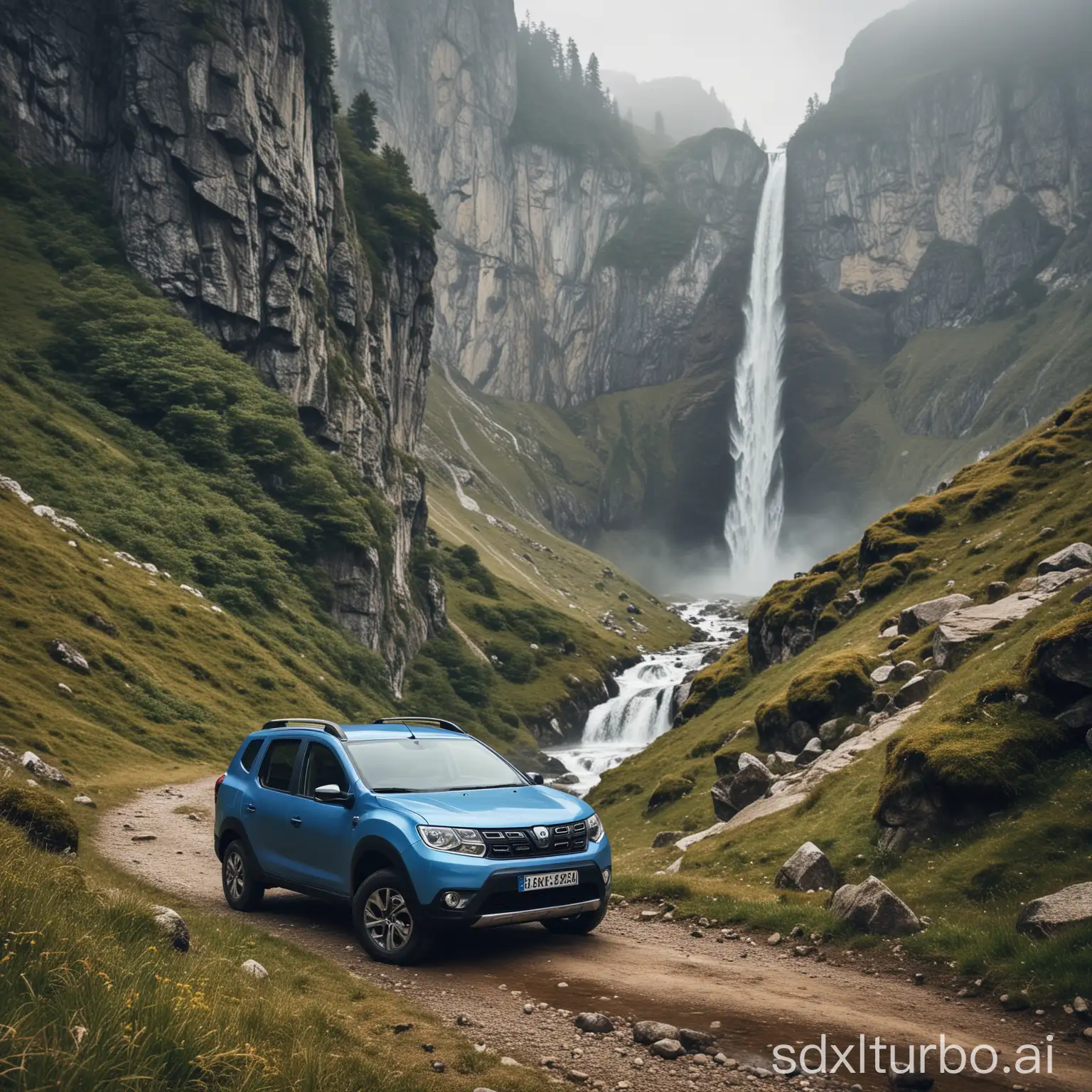 Dacia jogger on a mountain with a waterfall