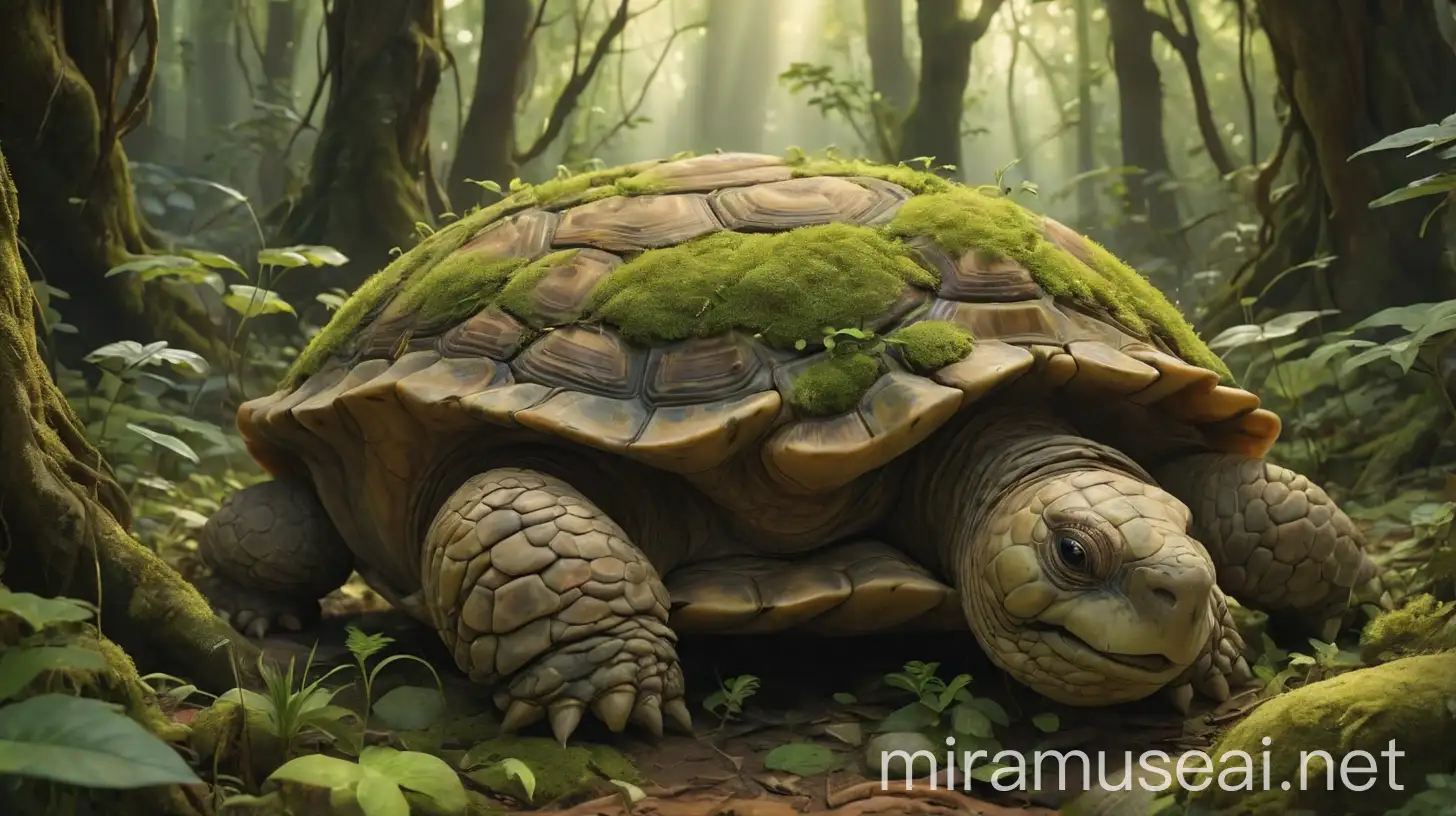 : Tall, ancient trees with twisted roots and lush foliage. Sunlight creates patterns on the forest floor. Tiberius, the wise old tortoise, emerges slowly from the underbrush, his shell covered in moss and small plants.
