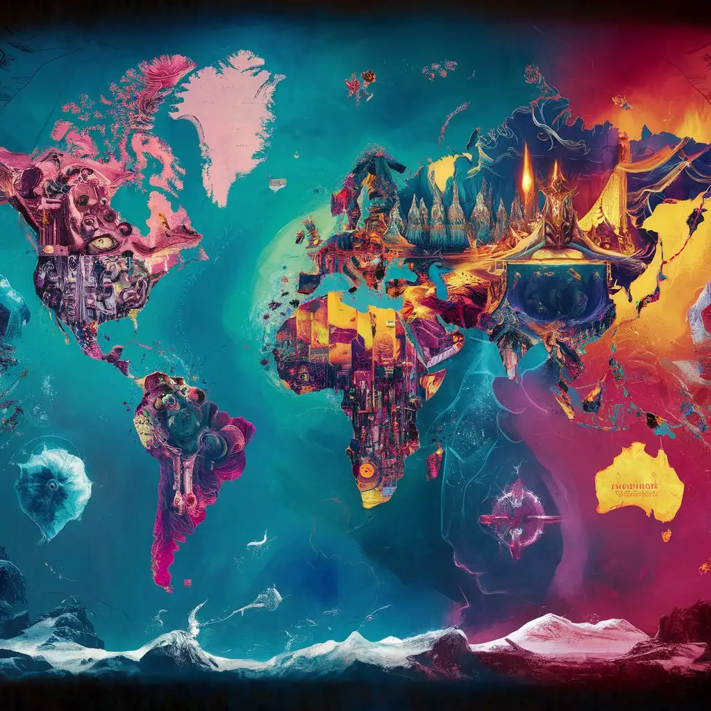 A world map with each continent reimagined in a unique art style