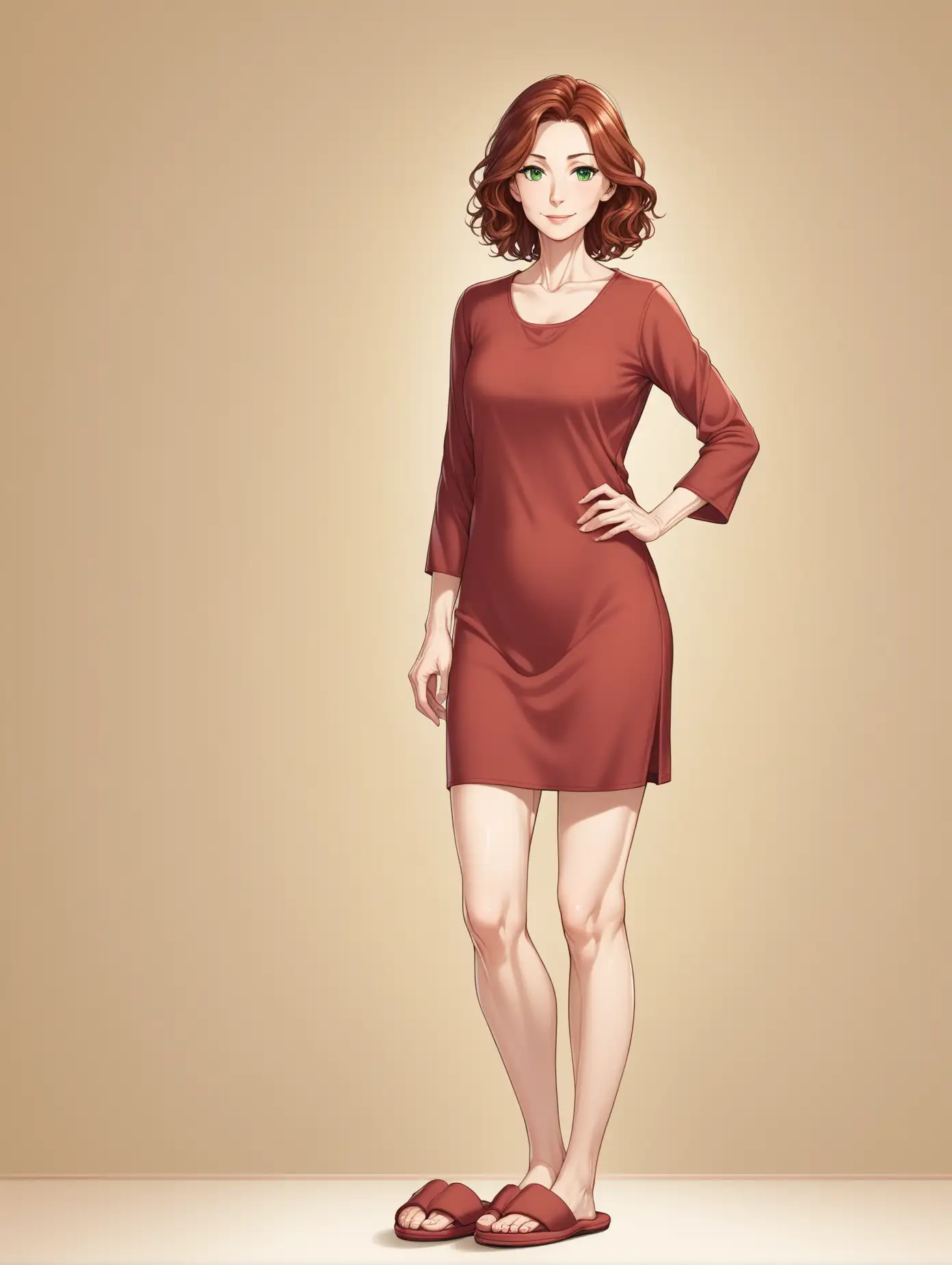 Kind-Mature-Woman-with-Chestnut-Wavy-Hair-Standing-in-Slippers