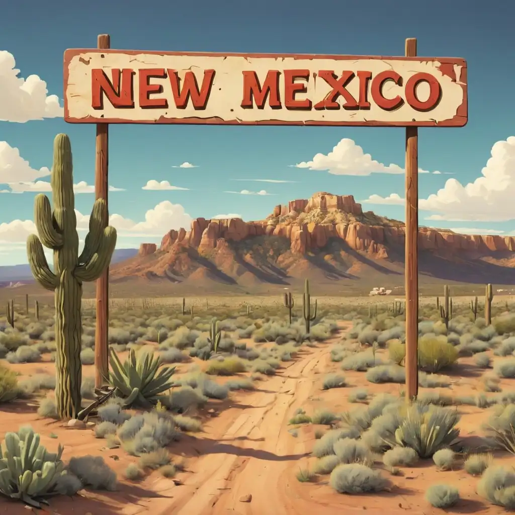 Vibrant Cartoon Style Scene Colorful New Mexico with Sign