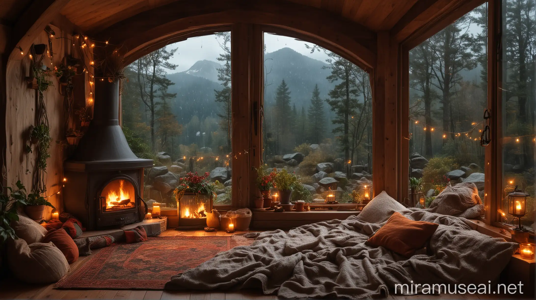 Cozy hobbit room, with two small cozy plants, pillows, string lights, blankets, fireplace box, big window with a rainy fall night deep forest mountain view., Mysterious with fireplace box sia view, 