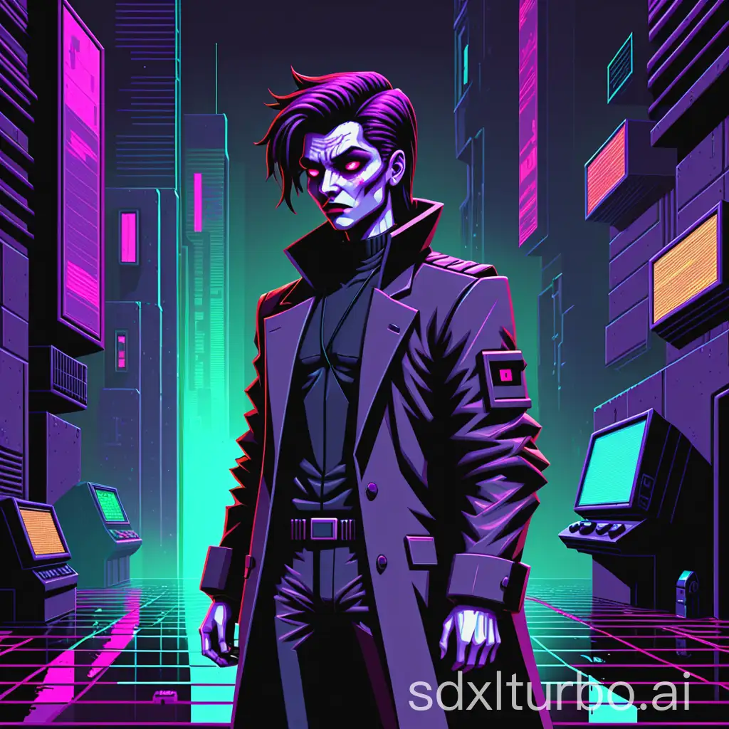 pixel-art 8-bit nes game, darksynth, dystopian dark future cyberpunk detective character