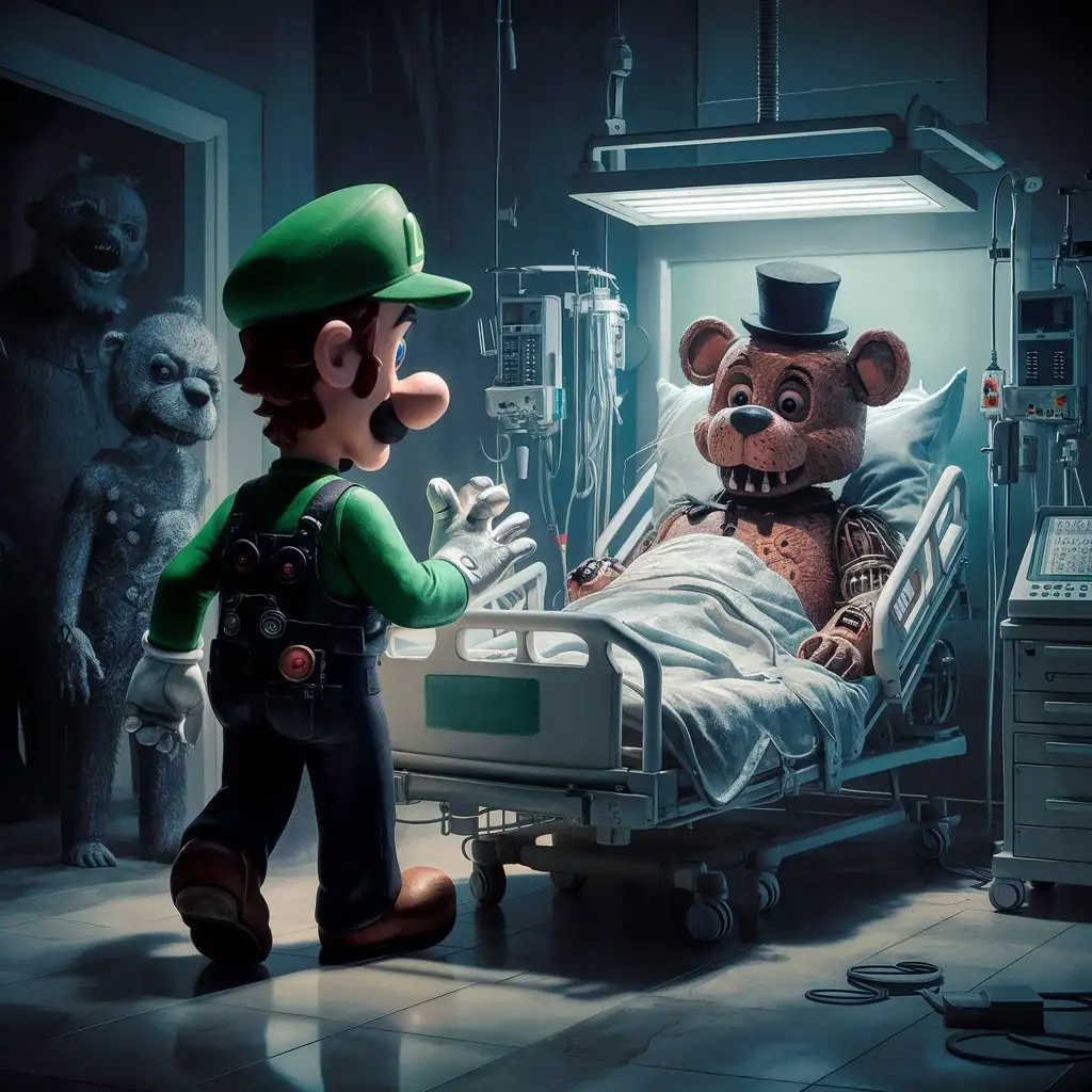 Mechanic Luigi Walking into Freddy Fazbears Hospital room while Freddy is laying on a hospital bed
