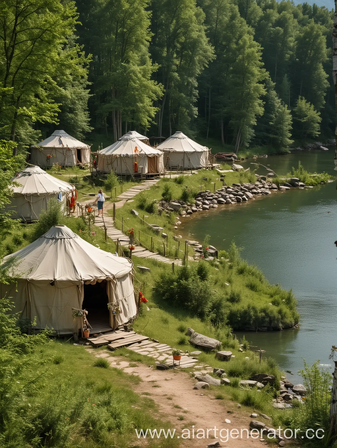 нарисуй туристический лагерь, туристы одеты в льняную одежду, девушки с венками, лагерь состоит из нескольких юрт, лагерь находится в лесу у озера, в лагере есть баня

