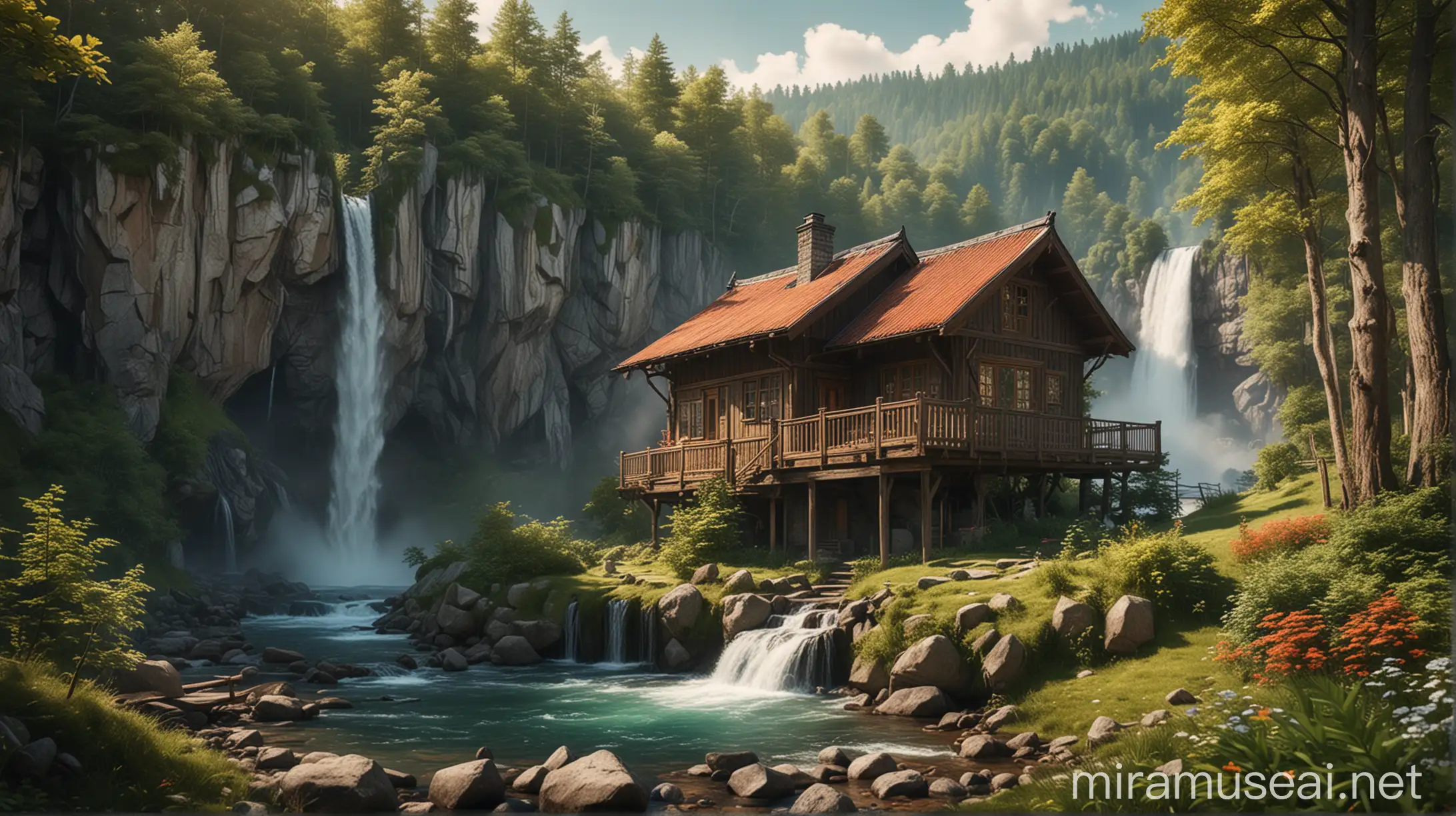 Enchanting Wood Cottage by Majestic Waterfall in Vibrant UltraHD
