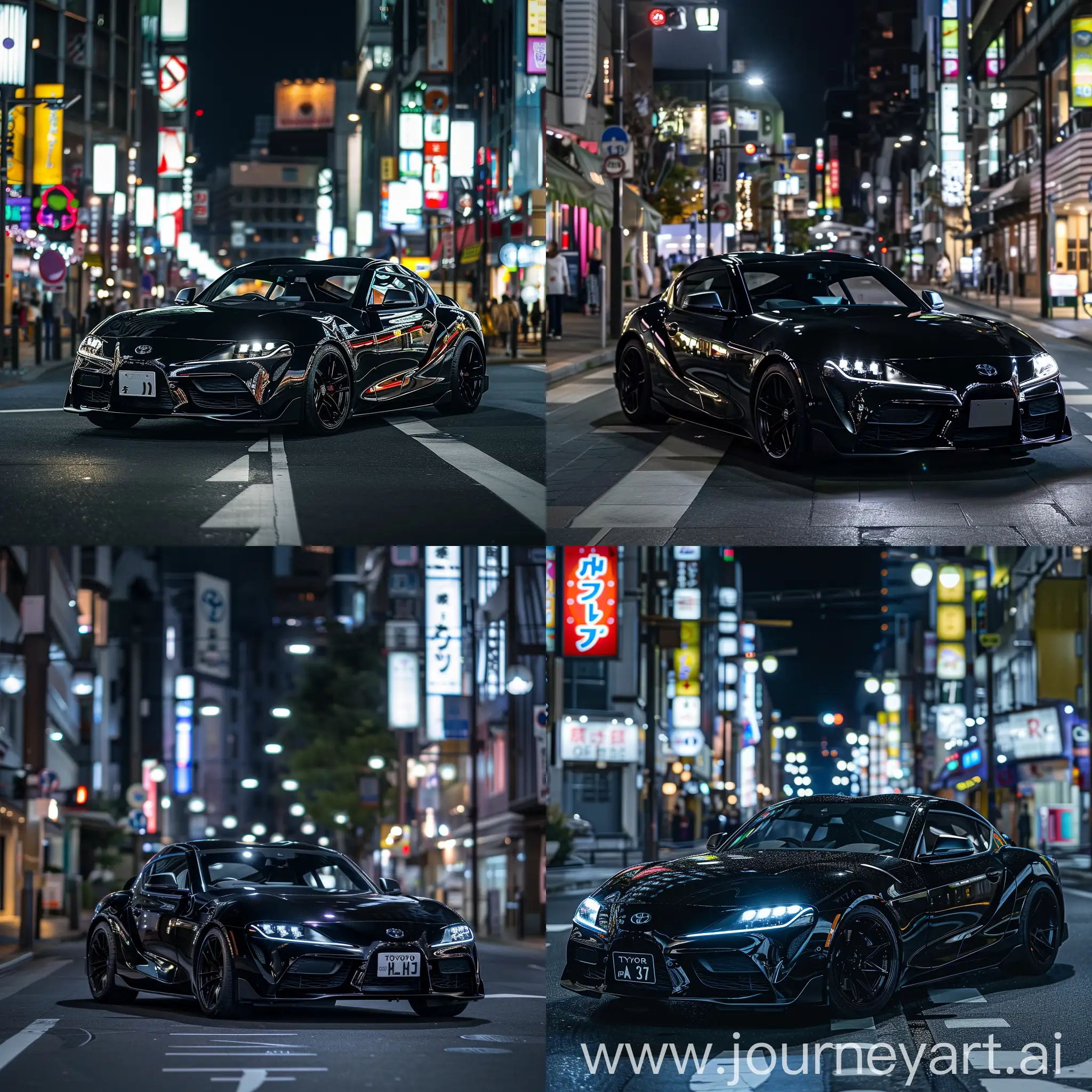 Realistic Instagram style photo of Toyota supra Mk5 2022 in full black spotted in Tokyo night snap style