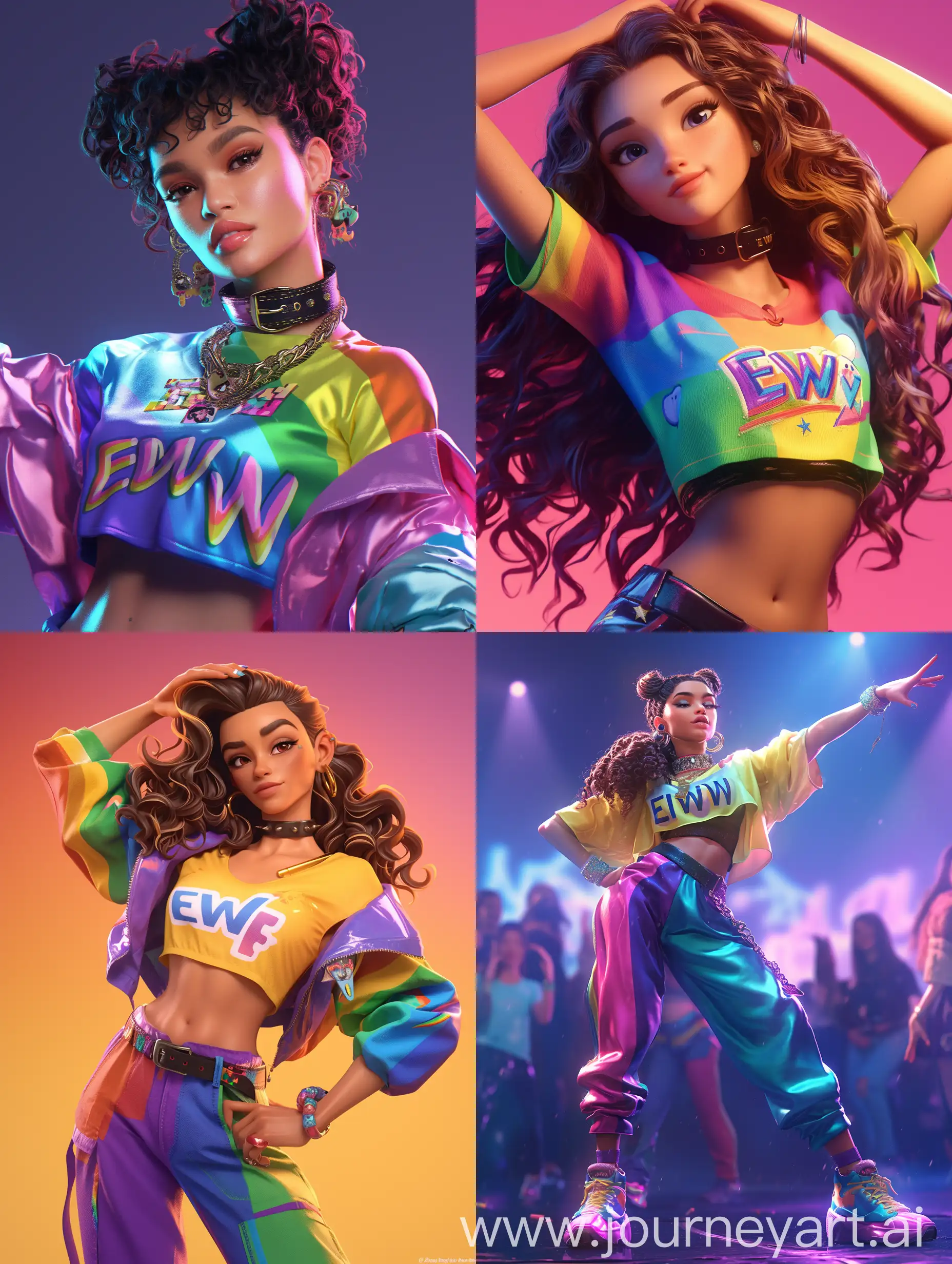 Zendaya as a Disney Pixar character, wears a collar with the inscription "EWW" and rainbow shirt and pants, she is dancing at a pride disco party,  3D render, ultra realistic skin, CGI VFX fine art, ZBrush HDR | dark shadows | ambient occlusion | high resolution | intricate | hyperrealistic textures, ::anime::-0.1 --niji 6 --s 250