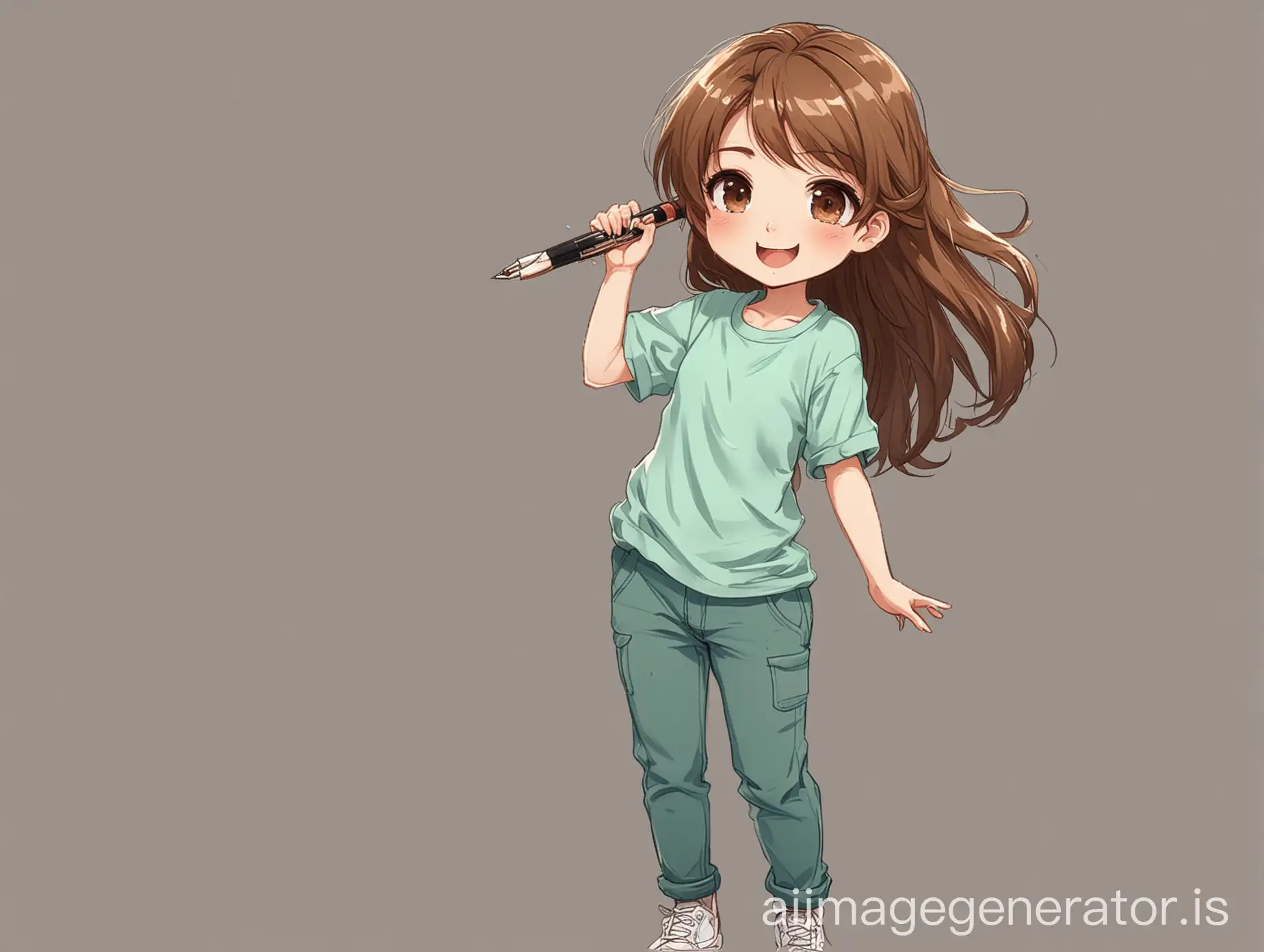 A young chibi-style illustration with anime style girl, smiling and She is holding a large pen or stylus up triumphantly, as if to celebrate creativity or artistic accomplishment while standing and lifting her and in te sky and in anime style child. She has long-length brown hair and large, expressive brown eyes. She is smiling warmly. She is wearing a loose full sleeves, Seafoam green color t-shirt and matching long pants and sneakers. The overall mood should be cheerful and endearing. The background should be plain and white, keeping the focus on the character.
