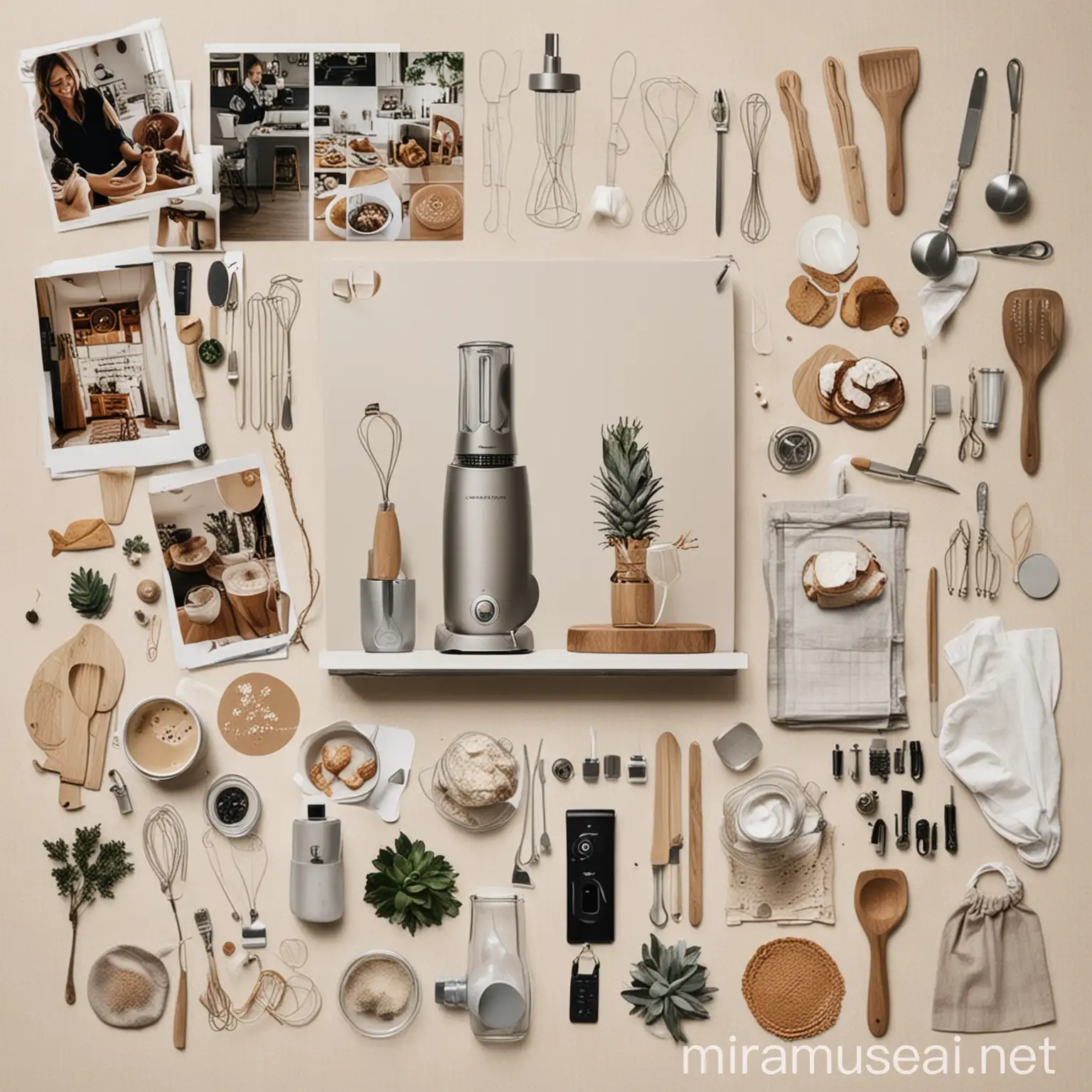 1-Prepare a mood board which includes product examples, family with kids and the environment images. The product examples in the mood board should include products including hand blender and kitchen tools. The environment images in the mood board should be living room and kitchen.