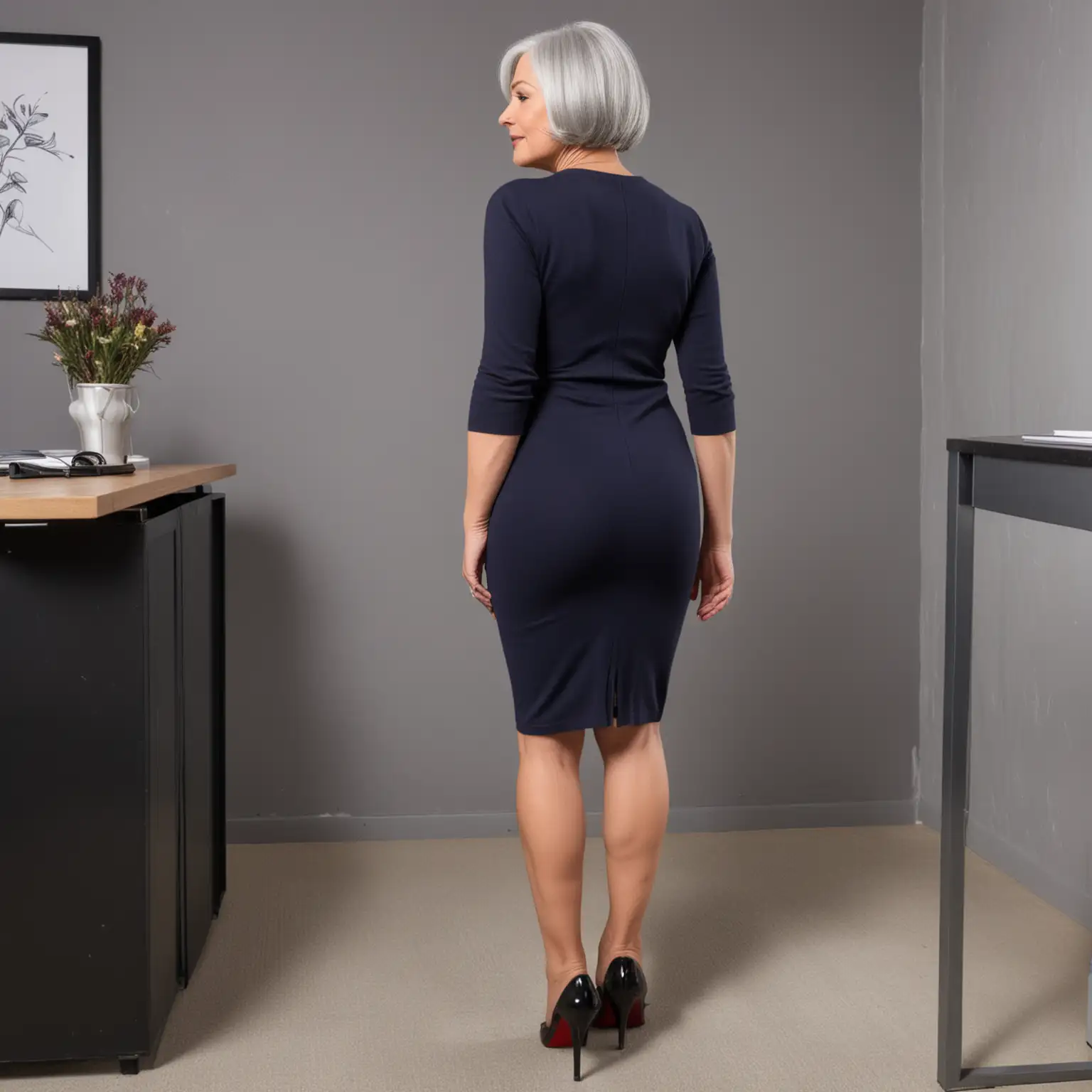 a full length rear view of a slim beautiful 60-year old woman with grey hair in a bob and big breasts and hard nipples and wearing a skintight  navy dress and black Louboutin stilettos in an office