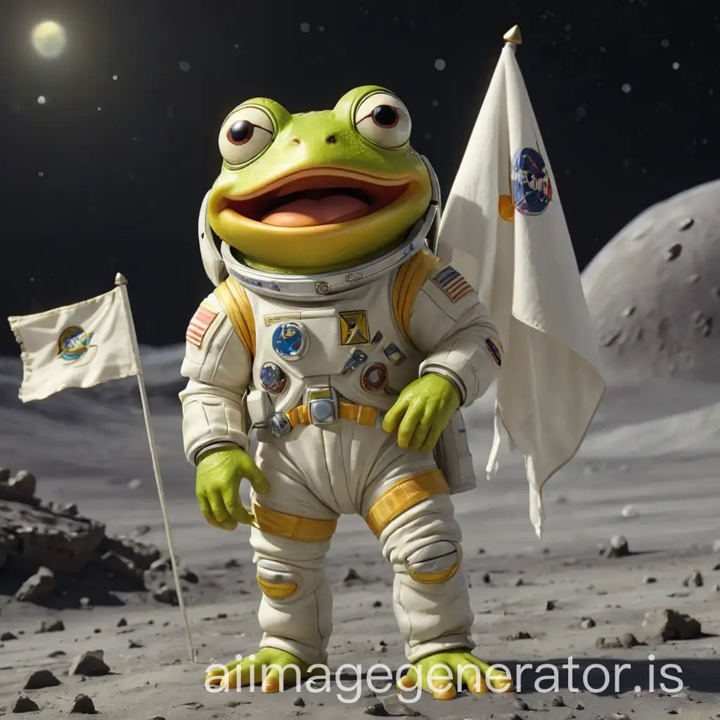 frog pepe yellow character face, he is in space astronaut on the moon and hold a blank white flag, full body, some planet in background, a spaceship in background, earth 🌎 in background looking clearly and small character no watermark