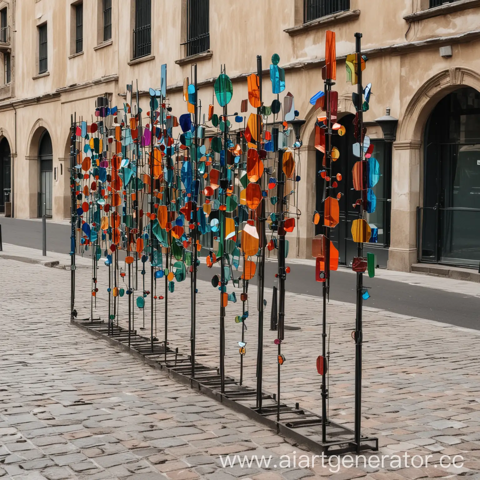 City-Center-Urban-Installation-Colored-Mirrors-and-Glasses-on-Iron-Spikes