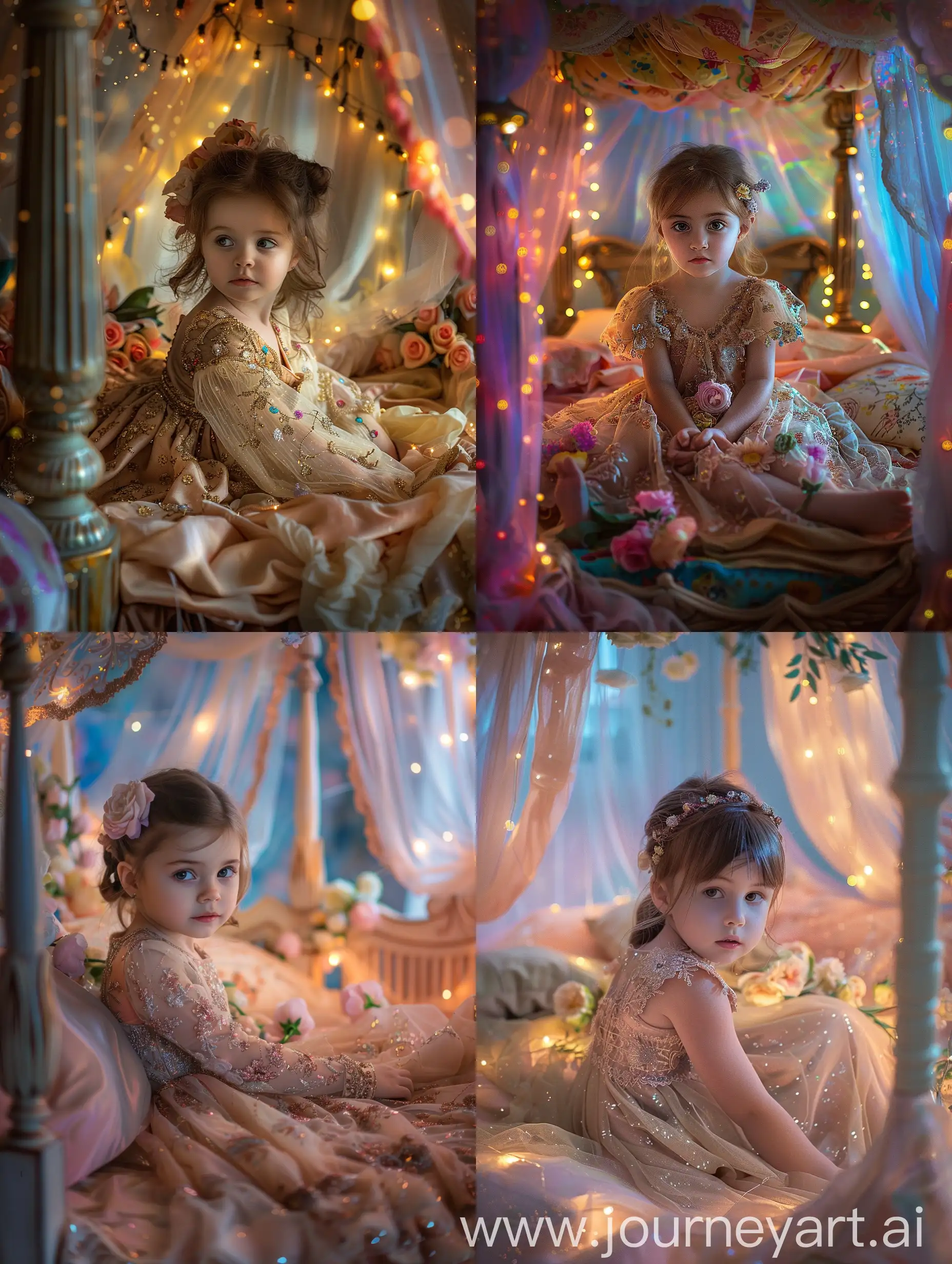 A little girl in a beautiful dress is sitting on a four-poster bed, the canopy is glowing with lights, flowers on the bed, close-up, realistic photo, hyperrealism, face is clearly visible, looking at the camera, colors of the bed, close-up photo, light photo