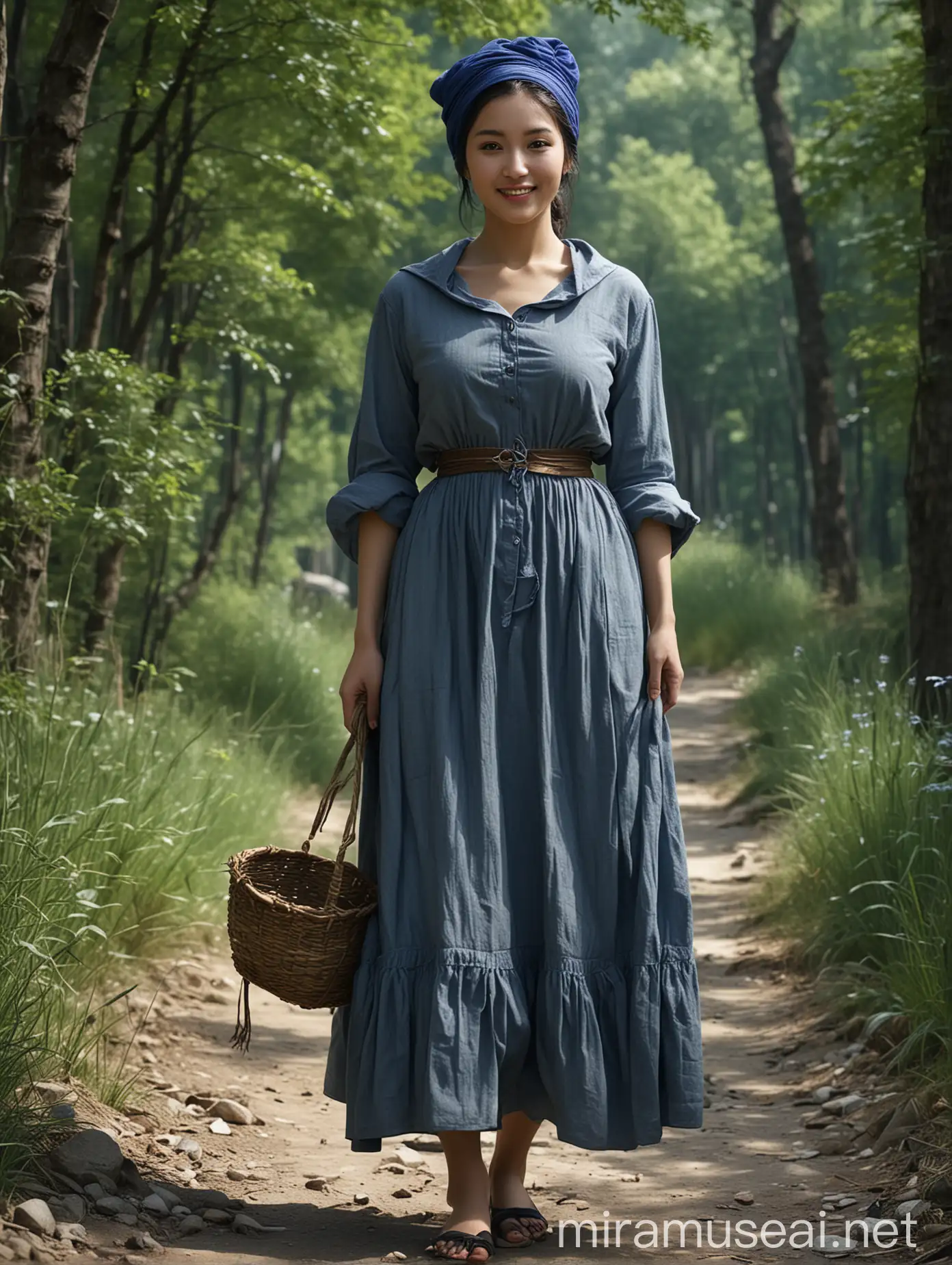 Female: A hardworking and kind woman.nHair: Simple bun of black long hair, with some loose strands naturally falling down.nFashion style: Rustic country style.nClothes color: Deep blue coarse cloth dress.nExpression and posture: Smiling lightly, upright posture, steady and firm steps, carrying a hoe on the shoulder, relaxed and natural.nScene environment: Quiet mountain path, green trees shade, continuous bird chirping.nCharacter decoration: Wearing a blue headscarf on the head.nAccessory: A simple silver bracelet on the wrist.nOptical illusion art, light and dark contrast, texture skin,n(((precise)))，(((very detailed)))，(((high detail)))，(((best quality)))，(((16k)))，(((masterpiece)))，n(((pov)))，nChinese woman，