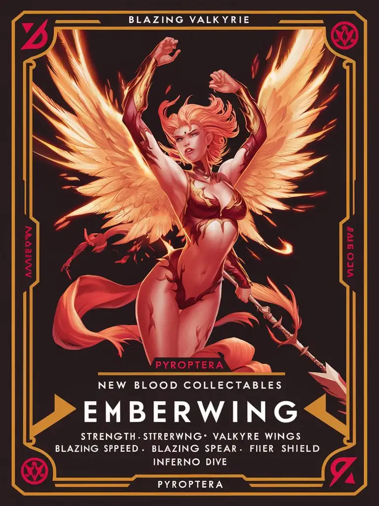  Your input is already in English, so I don't need to translate it. Here's the 8K card bold title design:

---
**New Blood Collectables:** 'Blazing Valkyrie' - Emberwing, the Pyroptera

**Illustration:**
Emberwing, a valkyrie with fiery red and orange wings, is depicted in 8K detail. She has a determined expression as she wields a flaming spear, ready to take flight. Flames dance around her armor and hair, giving off an intense, radiant glow. The background showcases a chaotic battlefield with smoke, ash, and destruction.

**Stats:**
- Strength: 8/10
- Speed: 9/10
- Intelligence: 6/10
- Fear Factor: 9/10

**Abilities:**
1. Flame Wings: Emberwing's wings ignite with flames, allowing her to fly and deal damage to enemies with her wingbeats.
2. Blazing Spear: Emberwing wields a spear that shoots flames, dealing massive damage to enemies.
3. Fire Shield: Emberwing summons a shield of flames, absorbing damage and protecting allies from harm.
4. Inferno Dive: Emberwing dives from the sky, unleashing a blast of flames that deals massive damage to enemies in the area.

**Description:**
Emberwing is a fierce valkyrie who harnesses the power of fire and flight to vanquish her foes and protect the innocent.