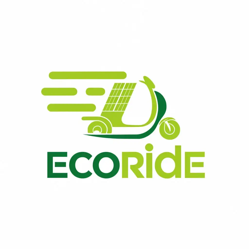 a logo design,with the text "EcoRide", main symbol:The logo features a stylized depiction of a sleek green rickshaw.
Integrated into the design is a prominent Solar panel symbol, representing the built-in Solar power technology.
The rickshaw is depicted in motion, symbolizing efficiency and speed.
The color scheme predominantly consists of shades of green, reflecting environmental friendliness and technology.
Accents of blue are incorporated to convey trust and reliability.
Tagline:
"Go Green, Go Smart",Moderate,clear background