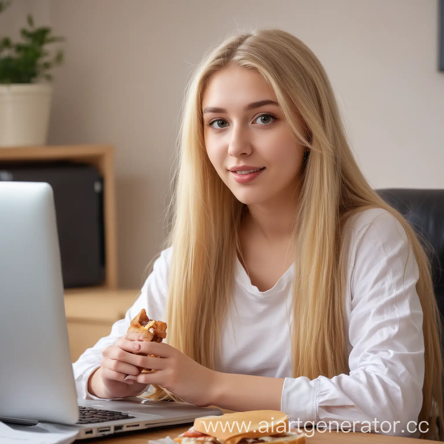 Young-Female-Student-Studying-at-Computer-While-Eating-Sandwich-with-Sausage