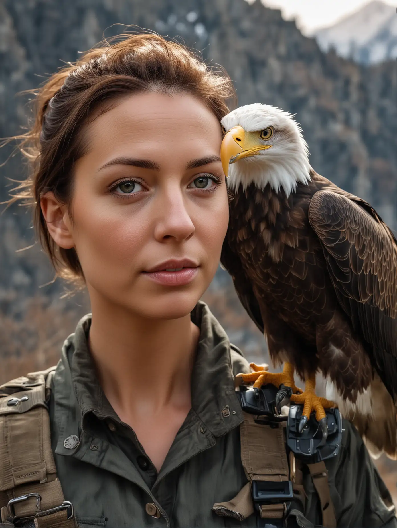 A beautiful woman takes a photo with a bald eagle, exquisite facial features outdoors, facing the camera, professional photography techniques, full body portrait