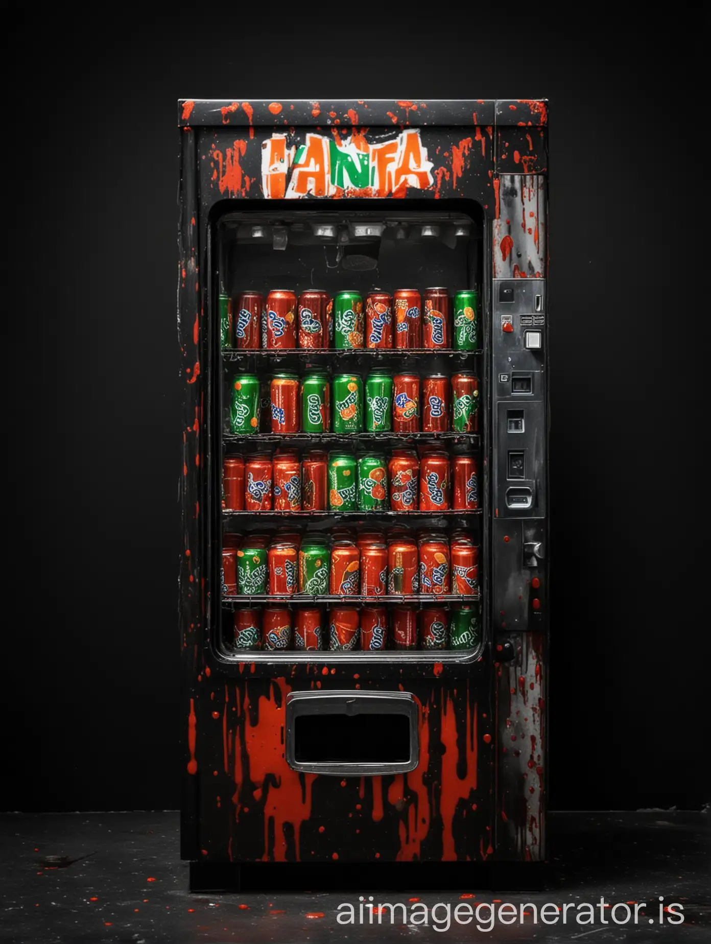 Bloody cans of drinks such as Fanta, Sprite in the vending machine blood is flowing to the places. Dark background. Photoshoot style.