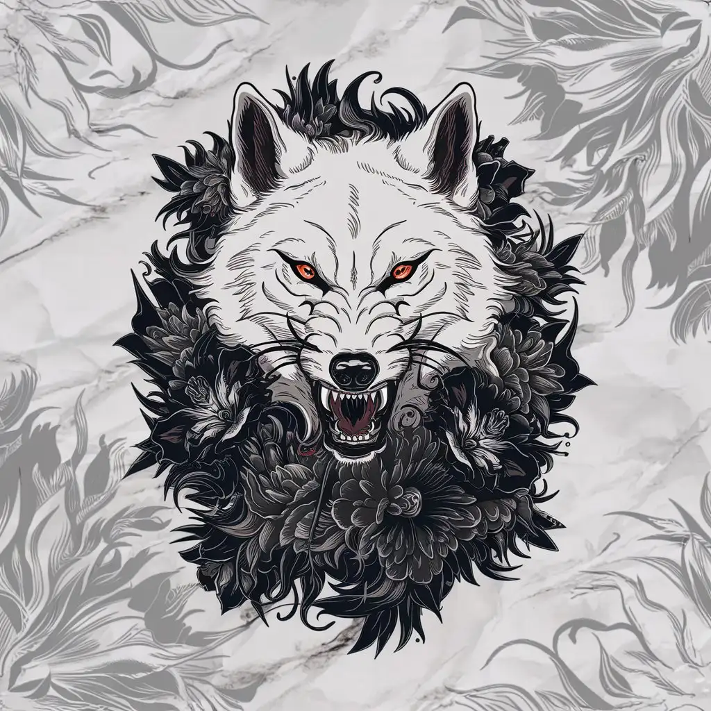 Vector black and white line illustration of a white wolf with fangs surrounded by flowers, sharp fangs, fierce eyes, white background, gothic style, line art, rich details