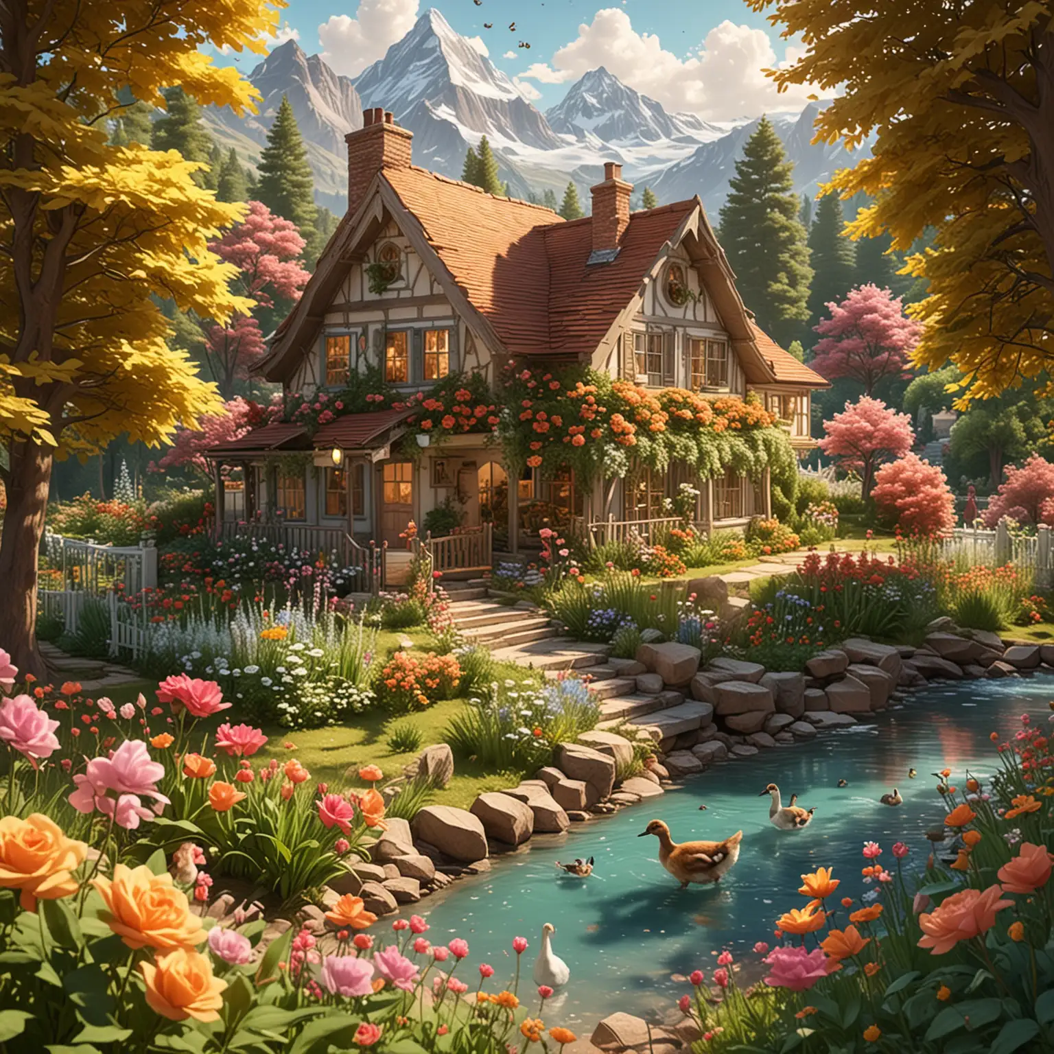 Eevee Building a Cozy House by a Sparkling River Amidst Majestic Mountains and Lush Forest
