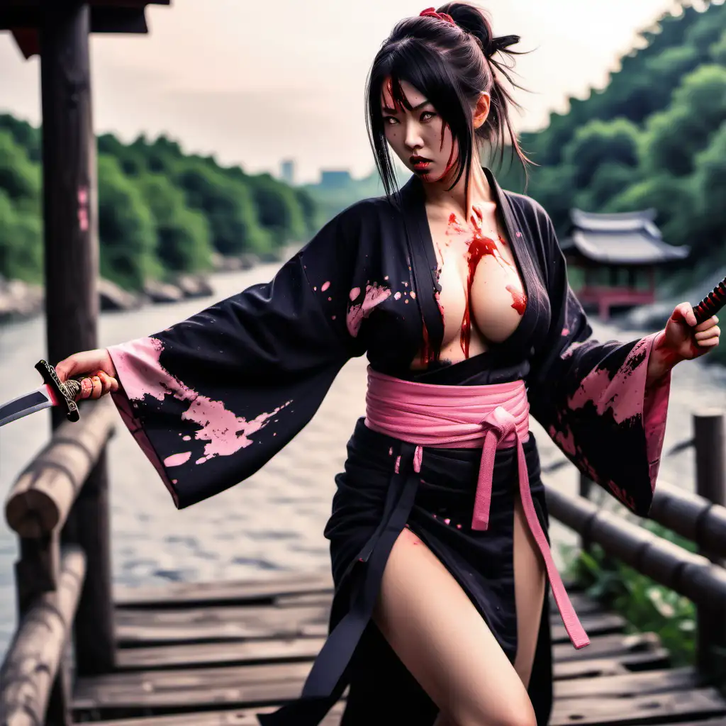 девушка сражается против ниндзя,  шелковое розовое облегающее кимоно разорвано на груди, кинжал в руках, порванная одежда на груди, большая грудь, видно грудь, кровь на сиськах, кровь на кимоно, на фоне река мост деревянный, ниндзя в черной одежде с коротким мечом за спиной девушки