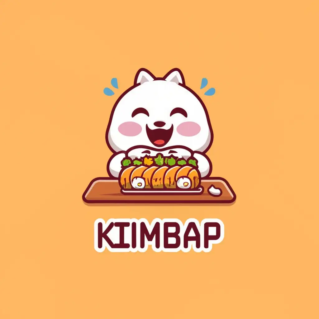 a logo design,with the text "Daebak", main symbol:This logo will feature a cute mascot with a happy face sitting on a table. The mascot was holding a large piece of kimbab with both hands, and his expression was cheerful while eating,Moderate,be used in Restaurant industry,clear background