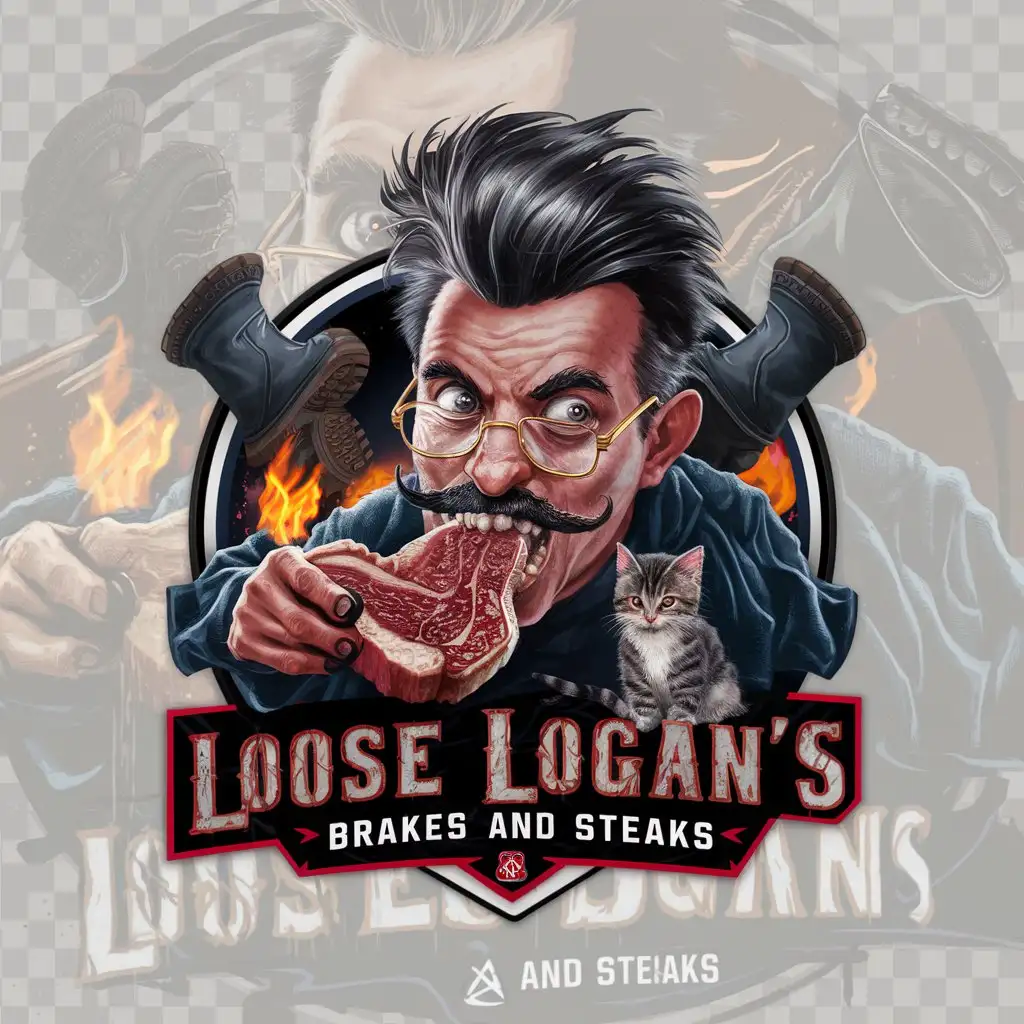a logo design,with the text "Loose Logan's Brakes and Steaks", main symbol:creepy dude with uneven mustache, gold wire rim glasses, yeehaw harry potter like dude, chomping into a t-bone steak, sweaty, greasy, ambiguous, fire, wet, boots and a kitten,complex,be used in Automotive industry,clear background